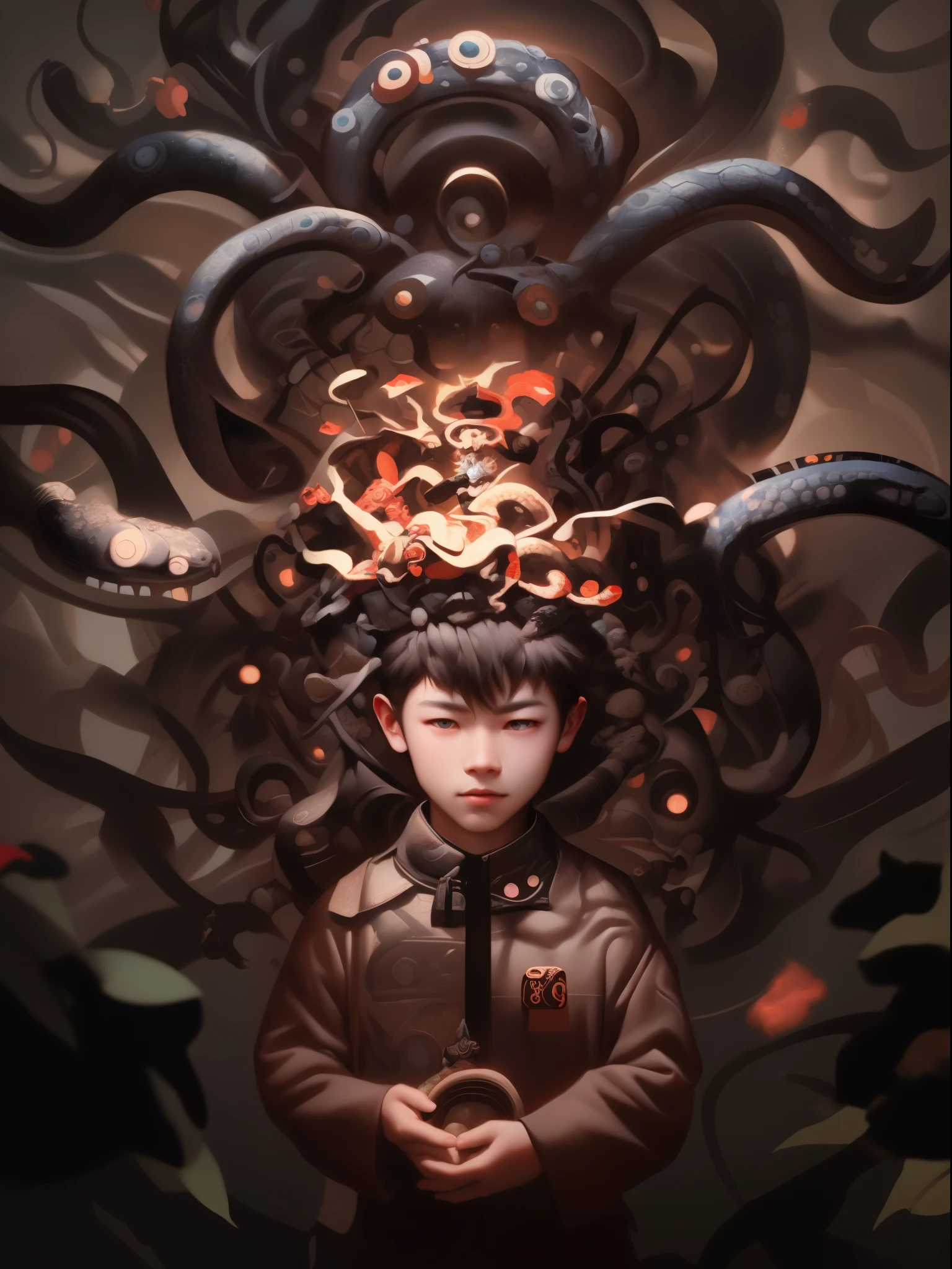 arafed image of a young boy in a black coat with a large head of snakes, chinese surrealism, yanjun chengt, beeple and james jean, ruan jian, symmetrical epic fantasy art, james jean and wlop, mind-bending digital art, portrait of an octopus goddess, intricate digital painting, highly detailed surrealist art