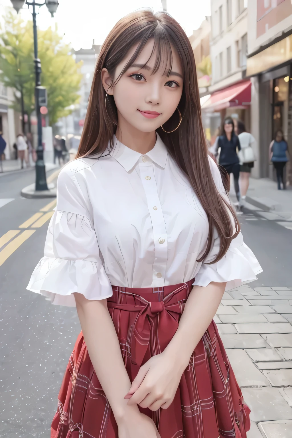 (8K、top-quality、masterpiece:1.2)、(reallistic、フォトreallistic:1.37)、The ultra-detailliert、女の子1人、18year old、Medium chest、Beautie、Beautiful and perfect face、up close shot、Natural smile、独奏、holiday、Bustling street、shopping、Fashionable clothes、Redness of the nose)、(A smile:1.5)、(With mouth closed) 、beautidful eyes、(long:1.2)、Floating hair 、Middle hair、bronze hair medium hair, (hair), Ear hair, small tits,),Checked shirt