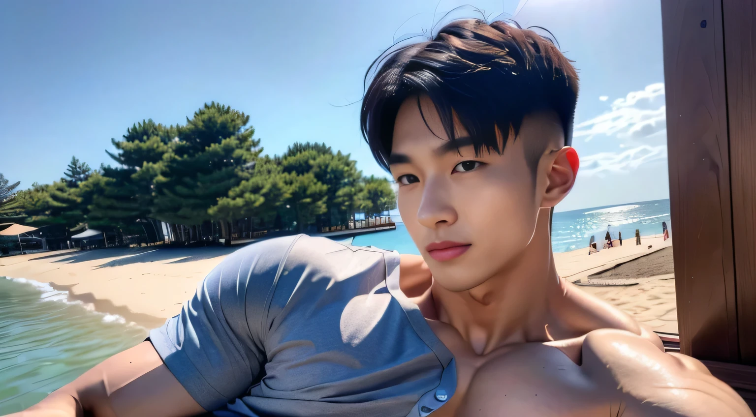 1人, Wear sweatpants，no bulge，handsome korean young man , Korean men, (high shadows detail), chest muscle, Big arm muscles, blood vessel, large muscle, Wide shoulders, looking at viewert,Enjoy the sun and water on the beach by the sea