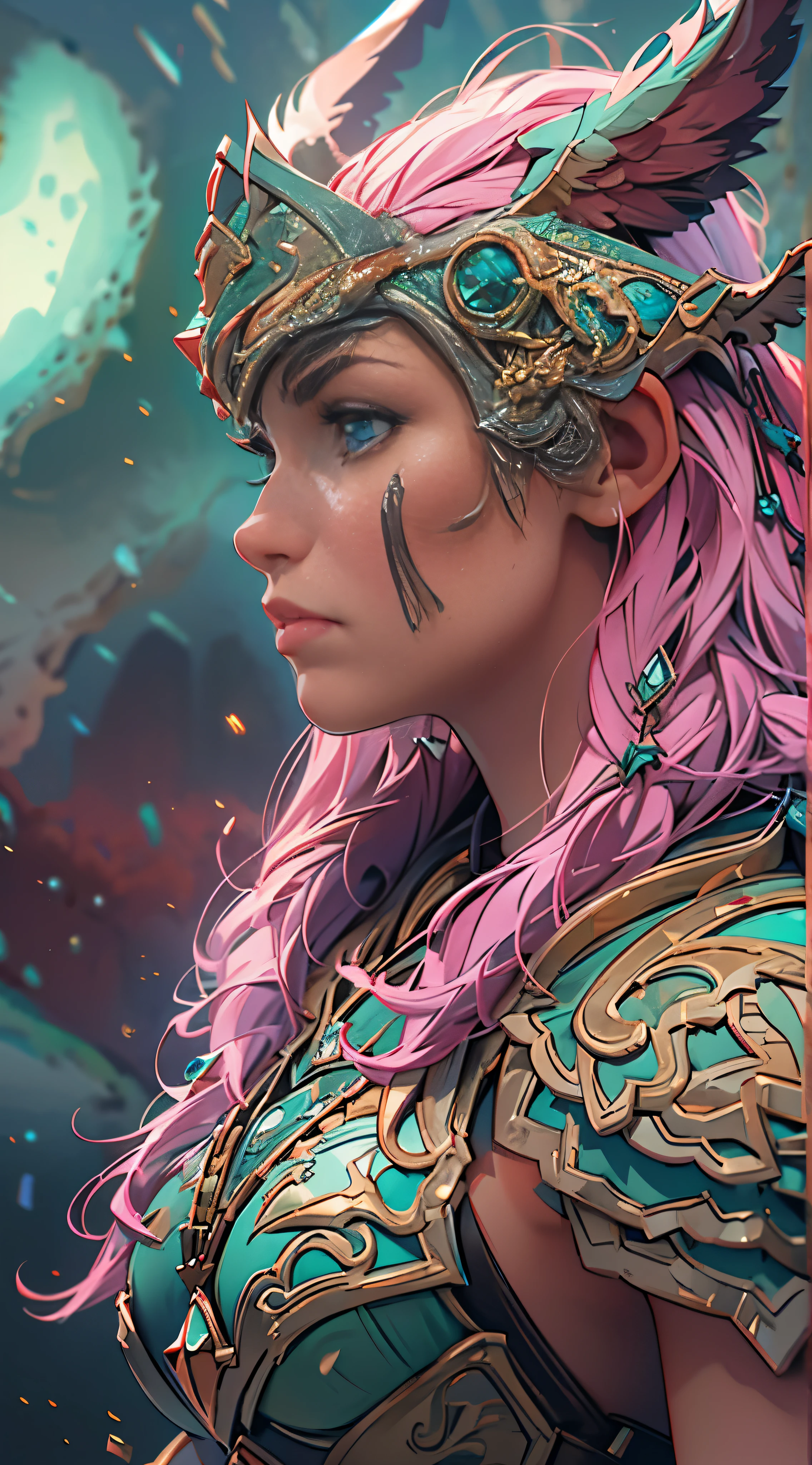 super strong female, muscular, raining, 35mm lens, photography, ultra details, precise texture details HDR, UHD,64K, Norse Valkyrie, wearing intricate and delicate armor, beautiful large wings, side profile, super massive gigantic breasts, goregous, pink hair, glowing norse runes, ruined battle field scattered with dead warriors background,
