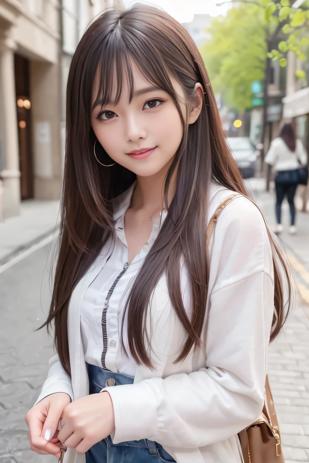 (8K、top-quality、masterpiece:1.2)、(reallistic、フォトreallistic:1.37)、The ultra-detailliert、1人、18year old、Medium chest、Beautie、Beautiful and perfect face、up close shot、Natural smile、独奏、holiday、Bustling street、shopping、Fashionable clothes、Redness of the nose)、(A smile:1.5)、(With mouth closed) 、beautidful eyes、(long:1.2)、Floating hair 、Middle hair、bronze hair medium hair, (hair), Ear hair, small tits,),Checked shirt