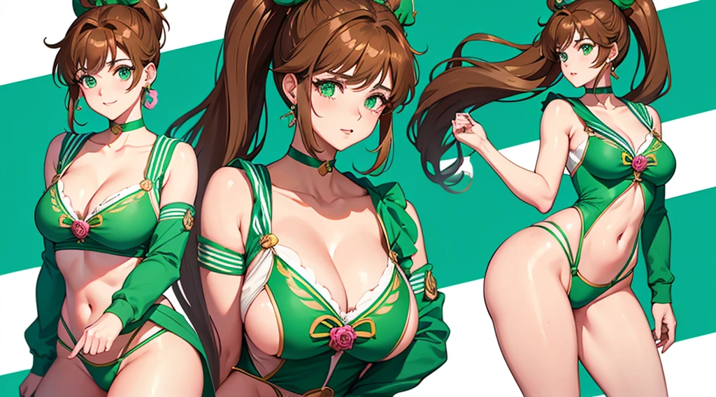 1 girl, Sailor Jupiter. She wears a open front sailor suit colored in green and pink, with rose-shaped earrings in green, laced-up boots with height just above the ankles. Brown hair in a long ponytail,  green eyes, nice cleavage. C Cup Breasts,