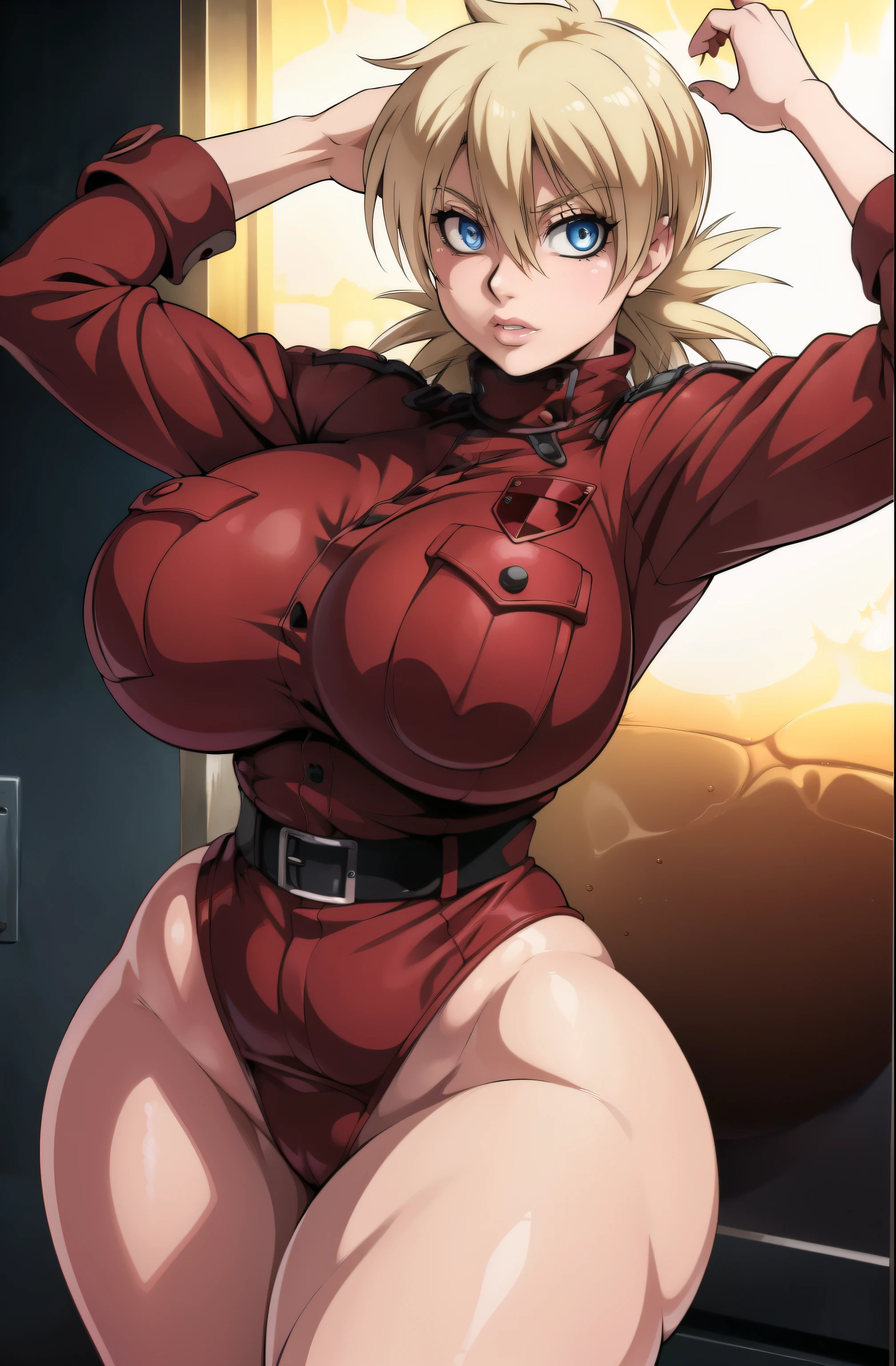 Hellsing Ultimate, Seras Victoria, 1girl, ((barnet))), cabelos loiros espinhosos, olhos azuis, puffy lips, thick lips, quadris largos, coxas grossas, Peito redondo enorme, enorme bunda redonda, pele oleosa e brilhante, seios espremidos juntos, uniforme policial vermelho muito pequeno, Posando, arms up,