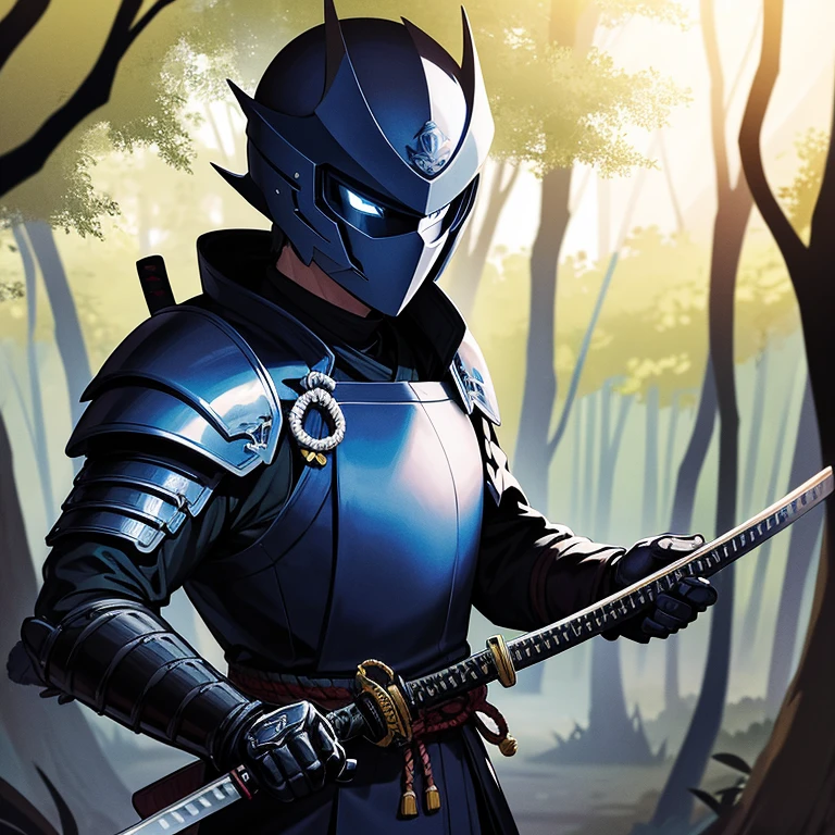 A samurai with dark blue armor and a helmet holding a katana in his right hand covered in lightning in a forest