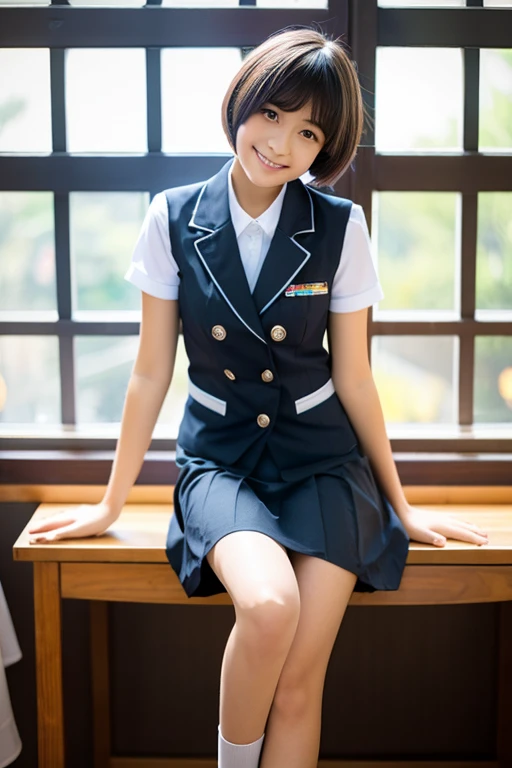 Beautiful girl sitting with one leg on the desk,My chest is transparent in my uniform,Panty shot from skirt,A shy and troubled smile,short-hair,A dark-haired,