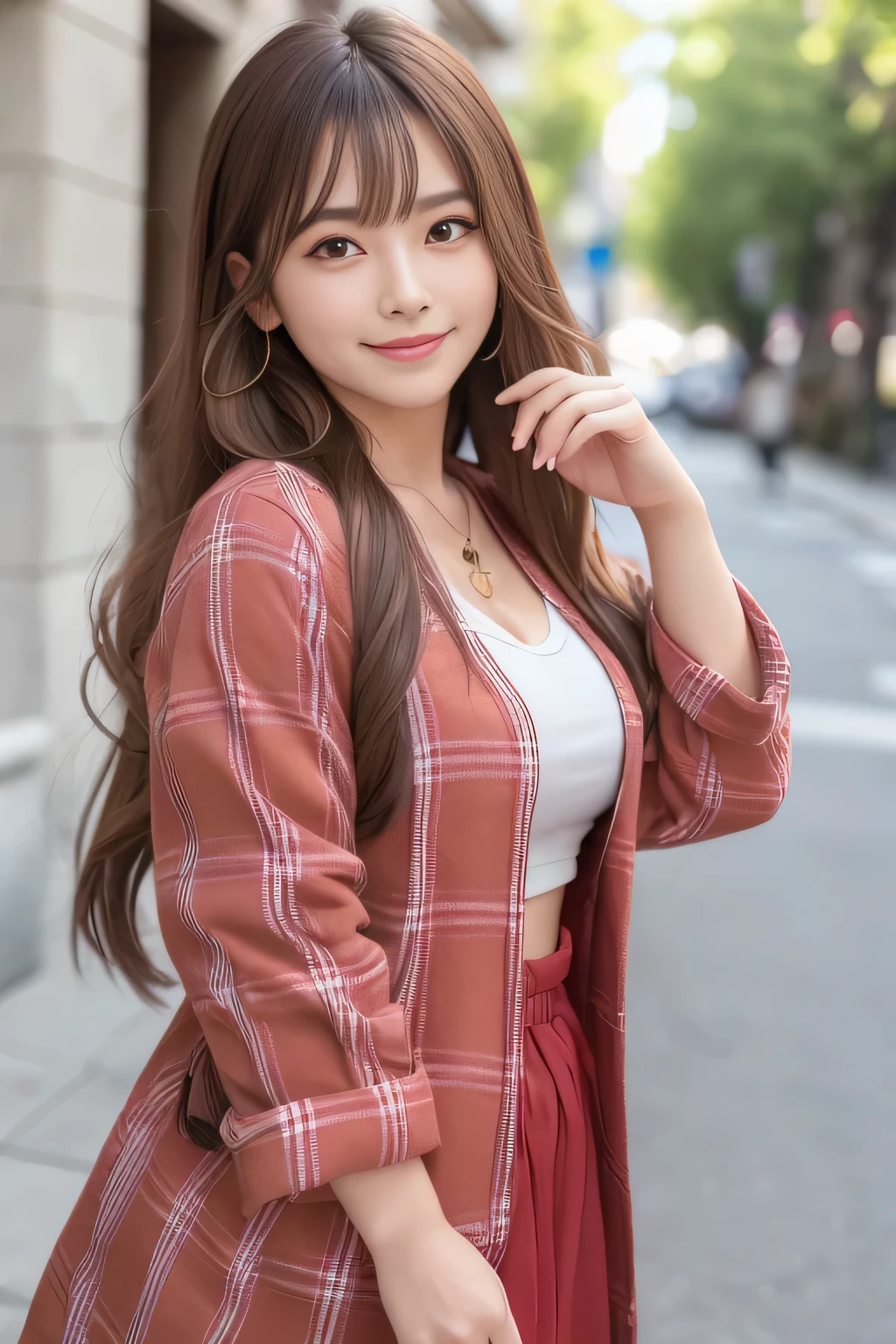 (8K、top-quality、​masterpiece:1.2)、(reallistic、フォトreallistic:1.37)、The ultra-detailliert、女の子1人、18year old、Medium chest、Beautie、Beautiful and perfect face、up close shot、Natural smile、独奏、holiday、Bustling street、shopping、Fashionable clothes、Redness of the nose)、(A smile:1.5)、(With mouth closed) 、beautidful eyes、(long:1.2)、Floating hair 、Middle hair、bronze hair medium hair, (hair), Ear hair, small tits,),Checked shirt