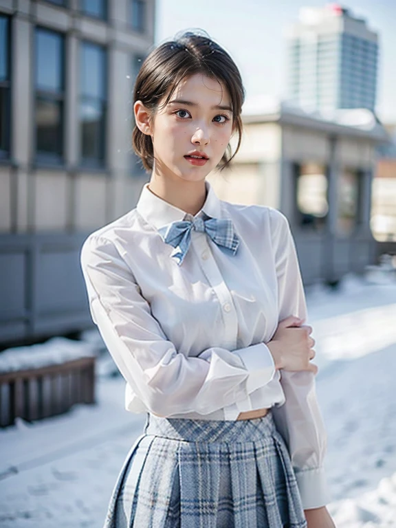 Beauty with short hair,In a white blouse shirt,blue bowtie,Blue plaid miniskirt,Standing in the snow,Snowflakes fluttering