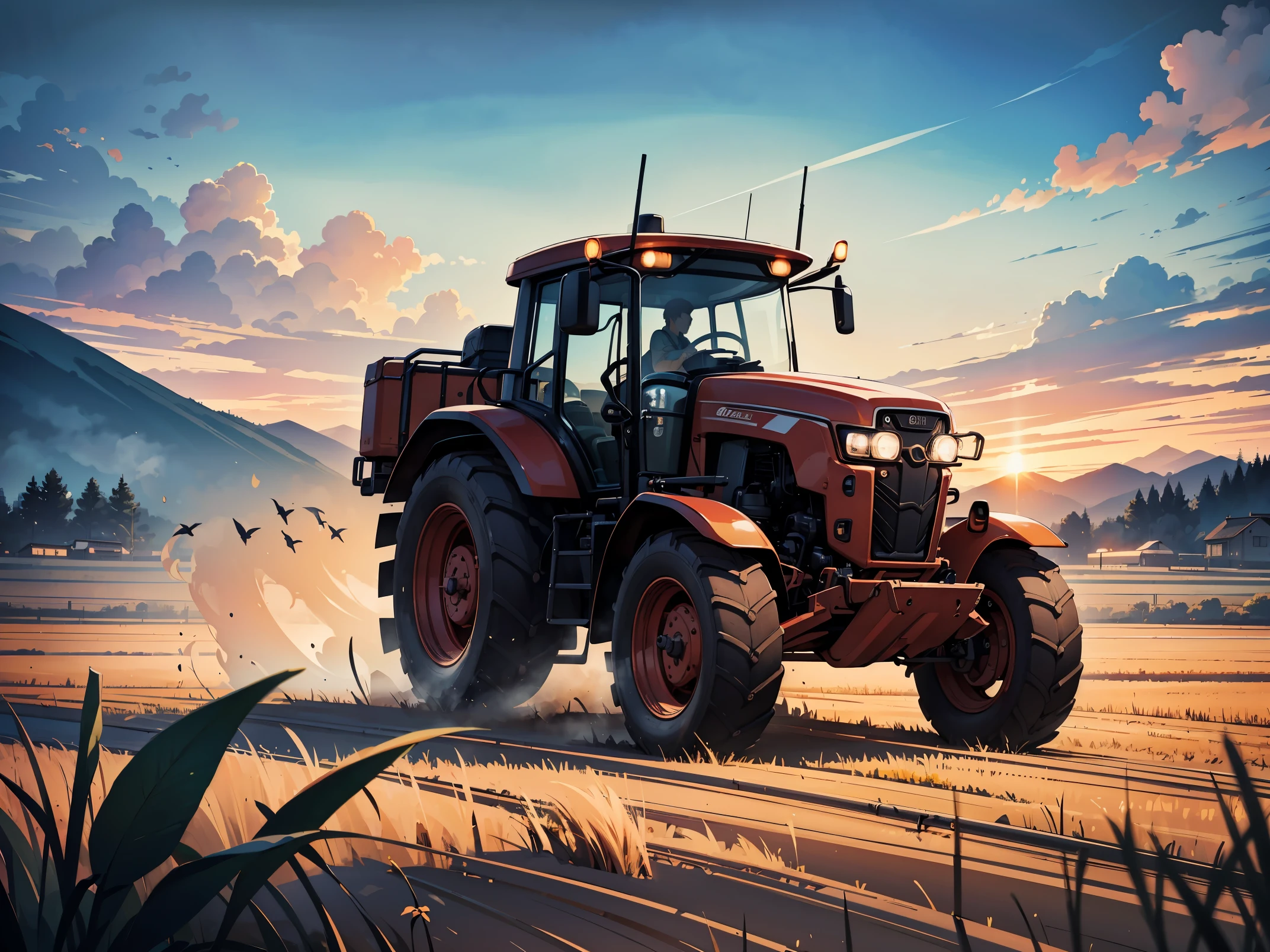 (in 8K, Raw photography, Best Quality, masutepiece: 1.2), high-definition RAW color photography, Professional Photography, Cinematic Light, red trailer, tractor, harvestの風景,farmer,(Detailed facial expressions), slenderbody, Beautiful pictures, instagram photo, Photo Shot, album art, Description, harvest, Crop, high grain,Highly detailed, Photography, masutepiece, High quality, High quality, hight resolution, Professional Lighting,