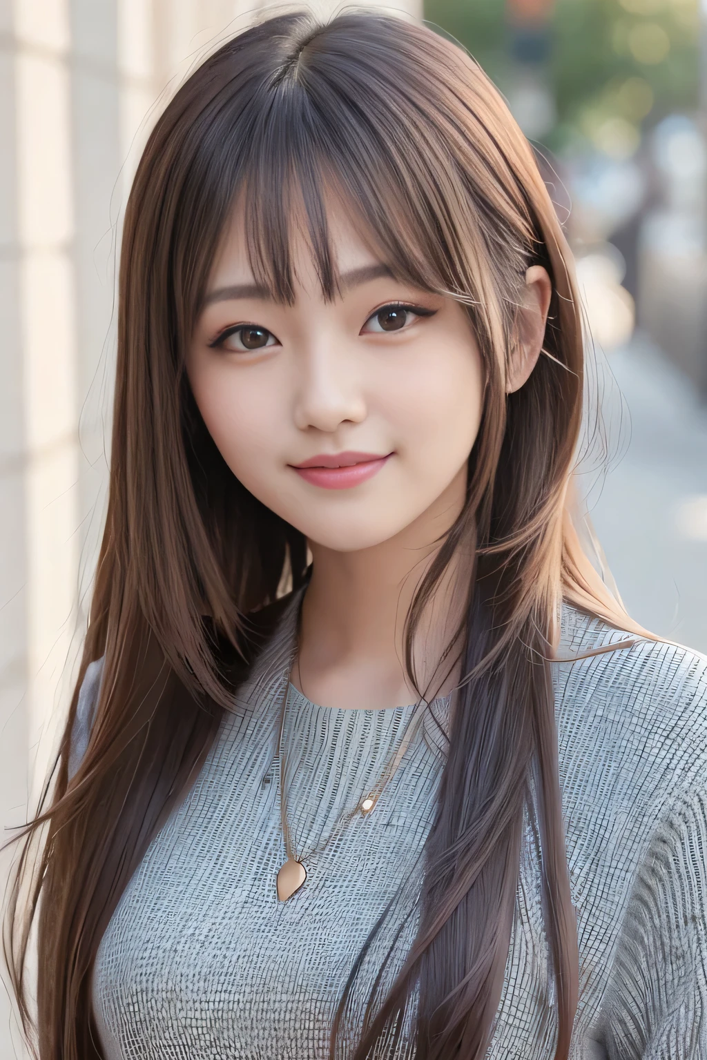 (8K、top-quality、masterpiece:1.2)、(reallistic、フォトreallistic:1.37)、The ultra-detailliert、1人、18year old、Medium chest、Beautie、Beautiful and perfect face、up close shot、Natural smile、独奏、holiday、Bustling street、shopping、Fashionable clothes、Redness of the nose)、(A smile:1.5)、(With mouth closed) 、beautidful eyes、(long:1.2)、Floating hair 、Middle hair、bronze hair medium hair, (hair), Ear hair, small tits,),Checked shirt