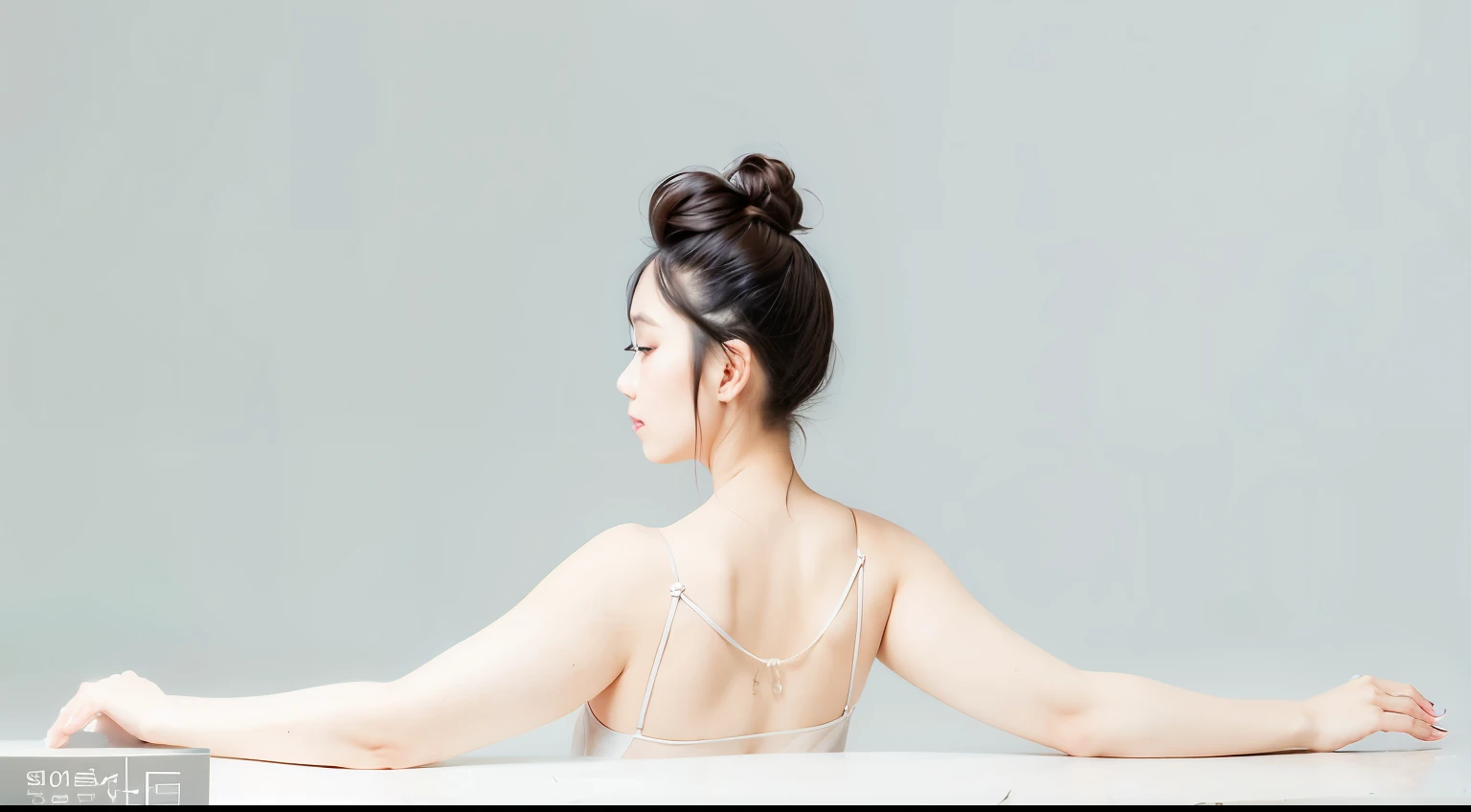 There was a woman sitting at the table，Arms spread wide, showing her shoulder from back, elegant Side posture, back stance, 优雅的Side posture, posterior view, posterior view, from back, Fine and delicate structure, Side posture, woman with porcelain skin, barebacked, beautiful young korean woman, side pose, korean woman, a young asian woman, portraitures