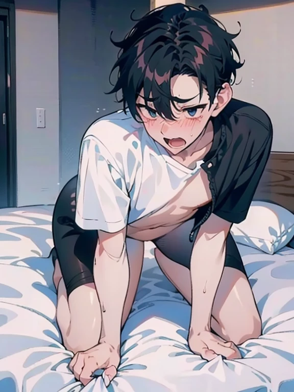 (((is crying少年にRide on男性))Children and adults、all-fours、is crying、from the rear、backs、doggy style, worried and stunned、((buttock))、(lyin in bed)Teary-eyed、barechested、Anxious look、A sexy、Trance、独奏、shorth hair、Forehead、dishevled hair、base of ear、kne、Thigh、Opening Mouth、You can take off your clothes、white shirt、((両足のkne))、lean body、skinny body、Soft belly、Skinny Legs、doggy style 、Ride on、