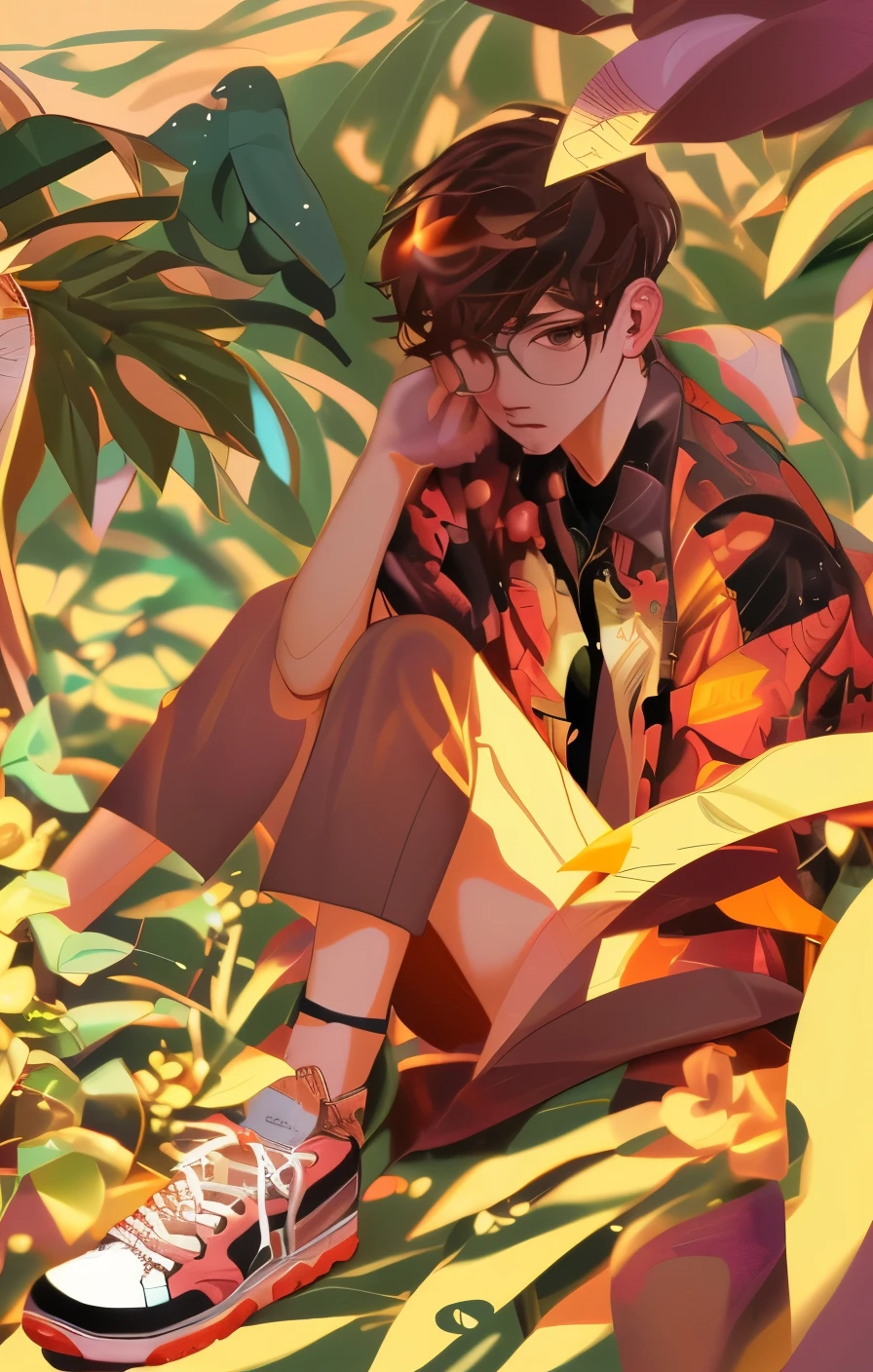 there is a man sitting in the grass with a pair of sneakers, anime lush john 8k woods, trending on artstration, detailed fanart, digital anime illustration, official fanart, artwork in the style of guweiz, high quality fanart, lofi artstyle, inspired by jeonseok lee, covered in plants, amongst foliage, highly detailed exquisite fanart, lofi portrait