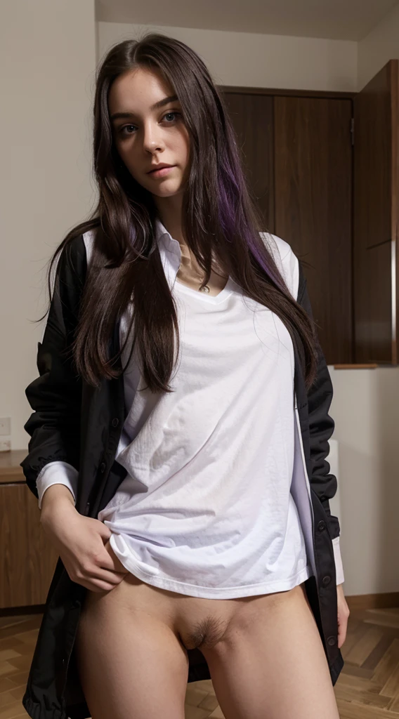 Masterpiece , a girl , purple long hair , with white shirt , black jacket , without pants , hairy pussy , sexy