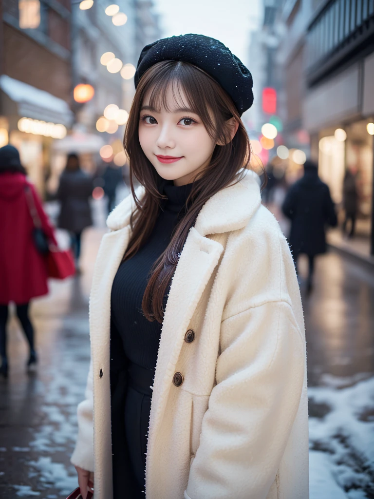masterpiece、8K、32K、top-quality、(A cute Japanese woman:1.1)、detail portrayal、1 girl in、elegent、(coat、muffler:1.3)、beret、(Winters:1.1)、Christmas tree、cowboy shot、ssmile、Short Bob Cut Hair、It's snowing、Dimly lit cityscape、Background Bokashi
