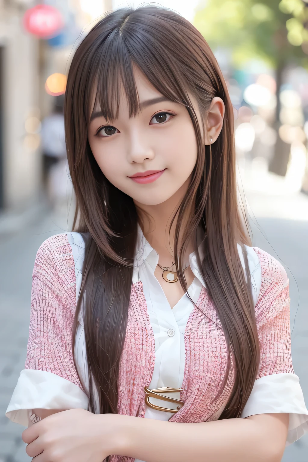 (8K、top-quality、masterpiece:1.2)、(reallistic、フォトreallistic:1.37)、The ultra-detailliert、1人、18year old、Medium chest、Beautie、Beautiful and perfect face、up close shot、Natural smile、独奏、holiday、Bustling street、shopping、Fashionable clothes、Redness of the nose)、(A smile:1.5)、(With mouth closed) 、beautidful eyes、(long:1.2)、Floating hair 、Middle hair、bronze hair medium hair, (hair), Ear hair, small tits,),Checked shirt
