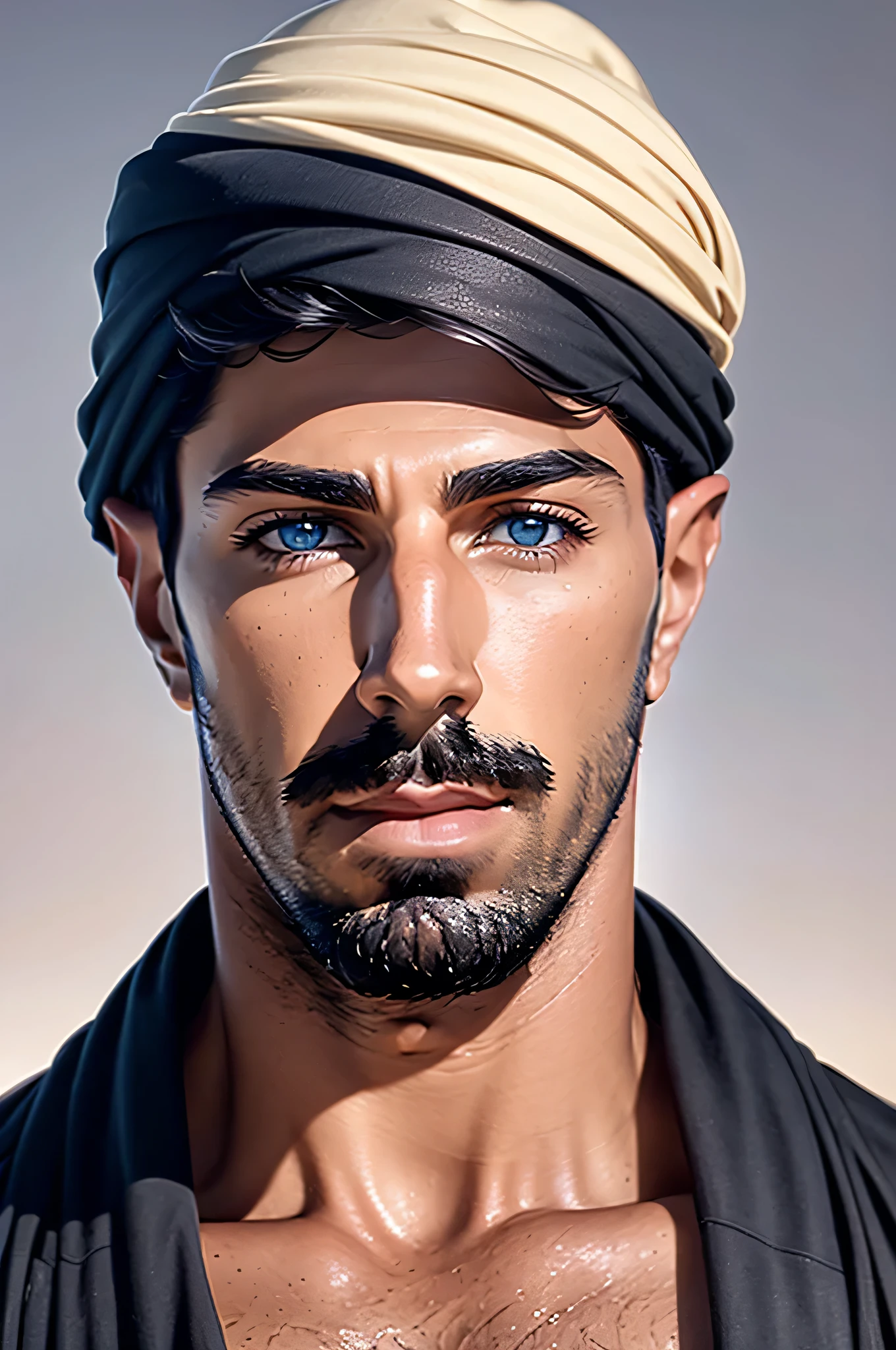 faaris azura, arab, arabic, arabic fashion, style, eyecandy, turban, thobe, close up, plain background