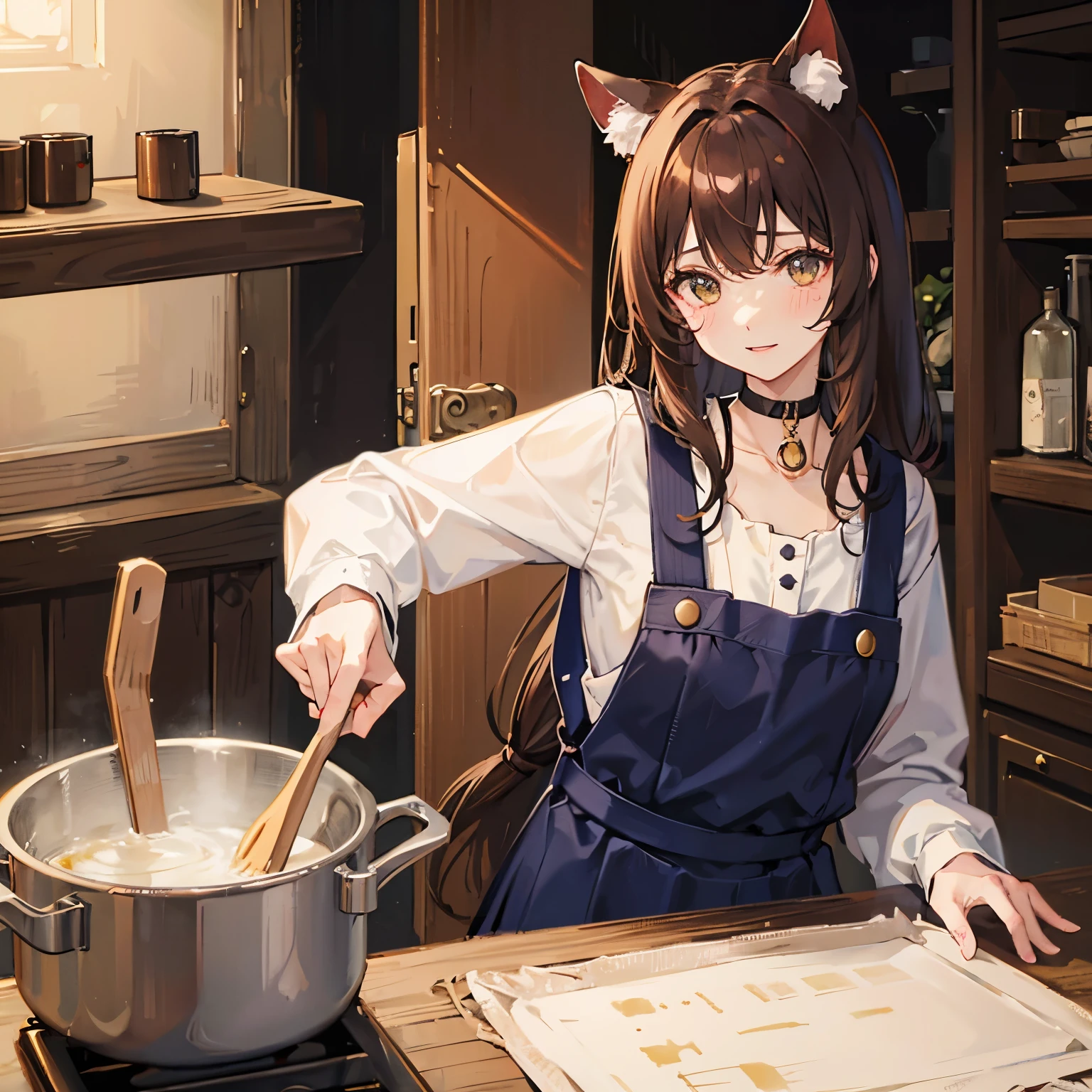 1人、girl with、Brown hair long、a choker、Eyes are yellow、pinafore、cooking a、cat ear、unclear、kawaii
