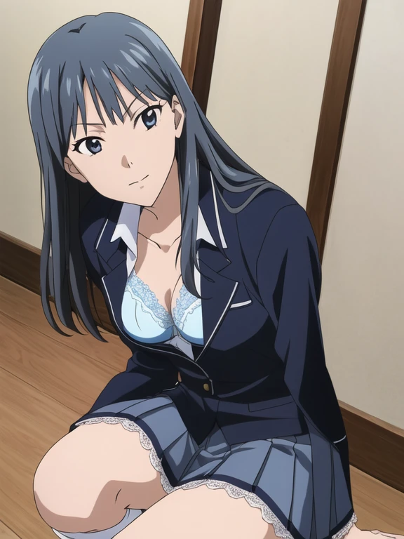 Best Quality, masutepiece, 超A high resolution, (Photorealistic: )2D official style cel anime sitting amagami Tsukasa Ayatsuji girl with hi-school girl uniform gymnasium white line mini skirt Crouching frontage Lift the shirt Light blue lace bra Show me your light blue lace underwear be shy Longhaire Straight hair knee sox lowfers