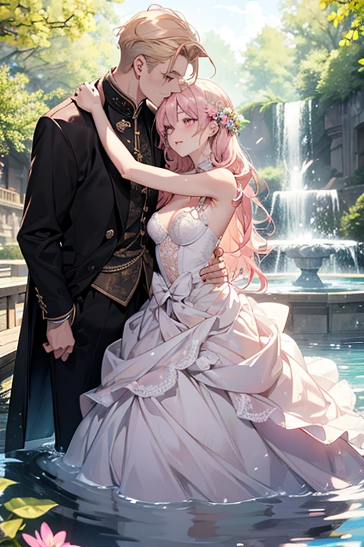 kiss、a couple、Lovers、Romance、Overflowing、Full body painting、Fluttering chest、Sheer lace underwear、Underwear to take off、teats、teatsが透ける、ピンクteats、pink areolae、clitoris、Inter-strands、a coupleポーズ, Engaging pose, kissing together cutely, passionate pose, 素敵なa couple, 1 male,(blonde hair, Gold Eyes、Tall、190cm、manly、handsome man、Beautiful shape、Best style、Beautiful prince,Strong body、Sexy costumes、tall、wet gown)、1 female(Pink hair,stright long hair、Pink eyes、cute large eyes,kindly smile、Flowers in the hair、小柄、huge tit、rise)、Put your arms around your waist、hug、Grabbing the waist、araffe woman in a white lingerie posing for a picture, lingeries beauty, wearing sexy lingerie, , translucent dress, Translucent body, iridescent shiny sheer lingerie, sexy dress, wavy lingeries, smooth translucent white skin, lingerie, beautiful sexy woman photo, Sexy style, Lovely woman, Transparent Dress, Open V chest clothes, young graceful、The fountain、splash water、izumi, sunny day in a park, bright sunny day、bright sunny summer day,blue-sky、shine、kirakira、shining lake、Crystal clear water、Bright sunshine、colorful flower