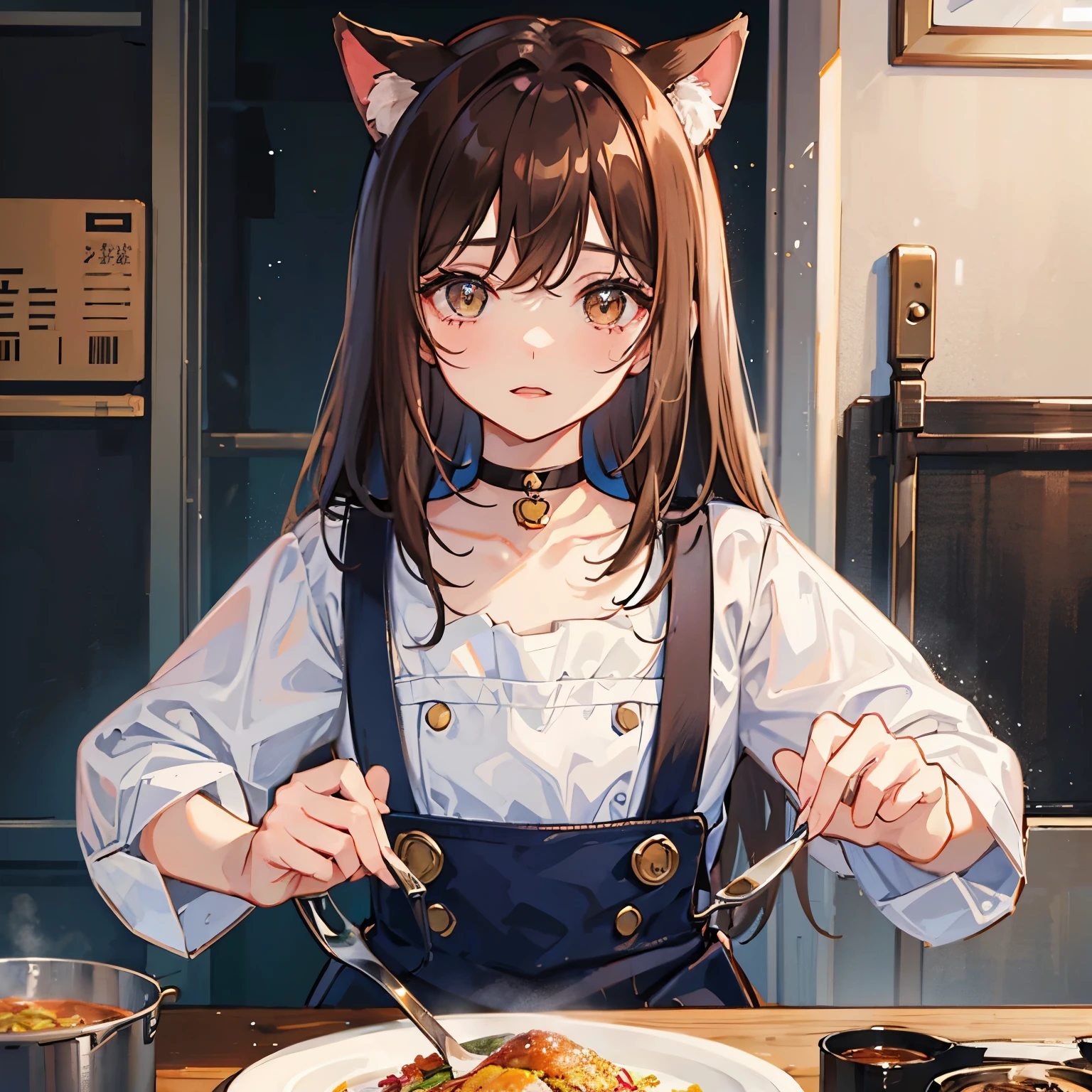 1人、girl with、Brown hair long、a choker、Eyes are yellow、pinafore、cooking a、cat ear、unclear、kawaii