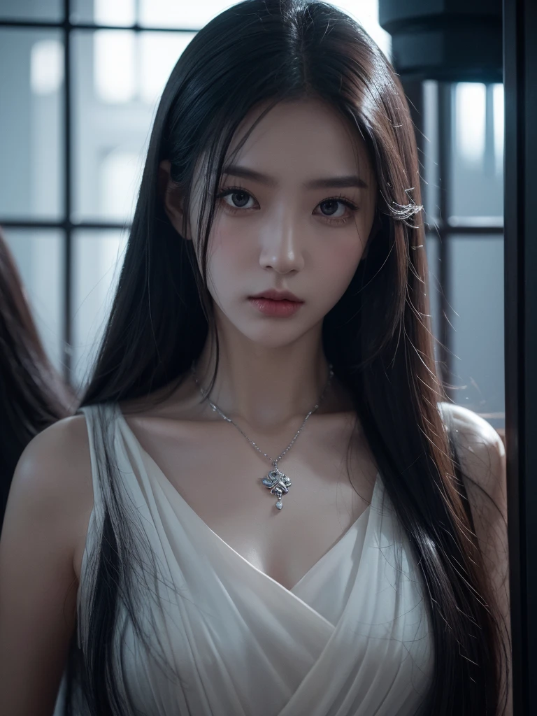 The young woman, long silver hair。I dress up as a ghost。I am looking for languidly。มันเป็นภาพประกอบที่มี最高品質。It is a beautiful illustration.。Wear whites.、origin of humanity、underworld、The catastrophic world of death, Women with long hair, การแต่งหน้าชวนให้นึกถึงDemons, A face that looks like that ;gag.....、Demons, fearful, Dark circles under the eyes, loneliness, Die in hell, darkness, Stylish necklaces and accessories, The catastrophic world of death, loneliness, darkness, Stylish necklaces and accessories, , land of death, end of the world, reminiscent of death、World of the Dead、Highly detailed facial and skin texture、 detailed eyes、二重まぶた, finely detail, ผmasterpiece, 最高品質, ultra-detail, masterpiece,bestquality, Stills from the dark fantasy film from 0 Seconds..,(soothing tones:1.5), bokeh, (HDR:1.4), ผmasterpiece, dramatic pose