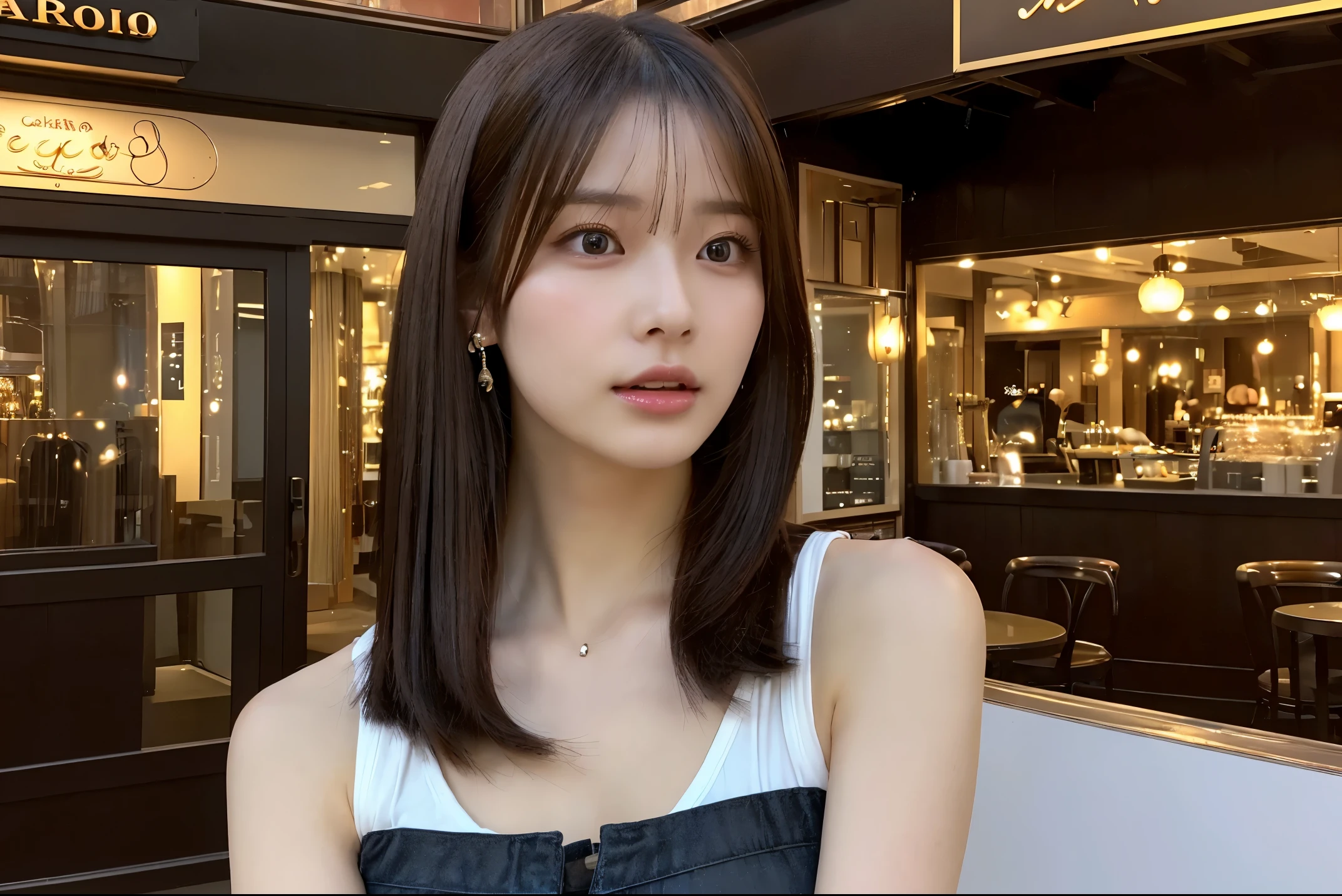 (The ultra -The high-definition:1.5)(ultra-detailliert:1.3) (ultra-quality) (An ultra-high picture quality:1.5) (rialistic photo:1.3) A Japanese Lady 21years old ((detailed and beautiful faces:1.3)) ((realistic skin textures:1.3)) ((Detailed and high quality eyes:1.3)) ((Detailed and high quality ears)) ((Beautiful, very fair and transparent skin:1.3)) ((Beautifully groomed straight short bob hair))Complete body beautiful proportion (Thin sleeveless shirt in fabric) long gathered skirt The background is the inside of a cafe at dusk. Beautiful, luxurious and stylish store ((Looking at the viewer erotically:1.3)) Wet lips ajar huge tit Beautiful high-definition image quality