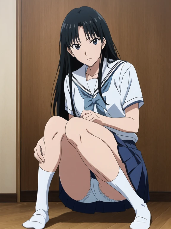 Best Quality, masutepiece, 超A high resolution, (Photorealistic: )2D official style cel anime sitting amagami Tsukasa Ayatsuji girl with hi-school girl uniform gymnasium white line mini skirt Crouching frontage Lift the shirt Light blue lace bra Show me your light blue lace underwear be shy Longhaire Straight hair knee sox lowfers Upside down
