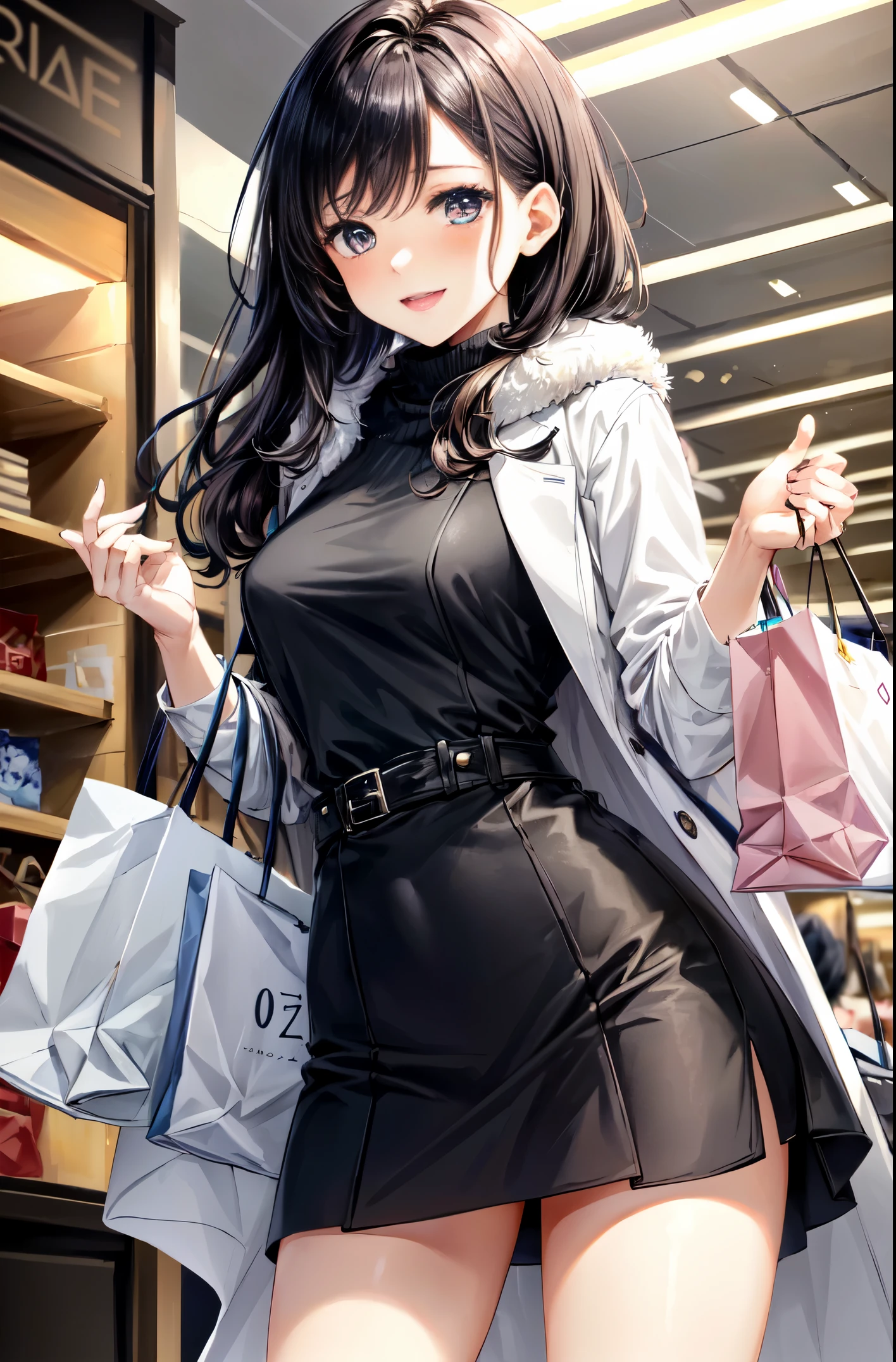 Grand opening day of the department store,bishoujo,(masterpiece,best quality),8K,kawaii,1girl,mature,(A dark-haired:1.2),very long hair,medium chest、groin,glamor,beautiful eyelashes、Winter clothes、enthusiastic shoppers,inaugural celebrations,welcoming ambiance,new retail experiences,colorful decorations,buzz of activity,retail excitement,storewide discounts,cheerful staff,opening day festivities,In the department store、a miniskirt