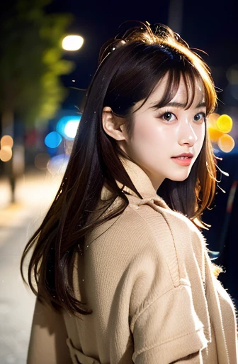Christmas tree　bokeh　illuminations　femele　night winter　Red gloves　coffee　long-sleeve　Beige coat　hi-school girl　Long　facing back　Eye