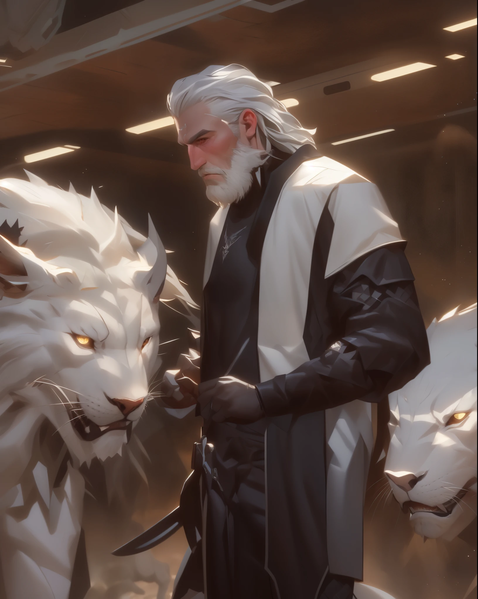 there is a man standing in front of a group of white lions, highly detailed exquisite fanart, the allfather, official character illustration, cyberpunk old man, trending on artstation pixiv, portrait of geralt of rivia, geralt of rivia, an epic majestical degen trader, detailed fanart, greybeard, epic exquisite character art, epic scifi character art