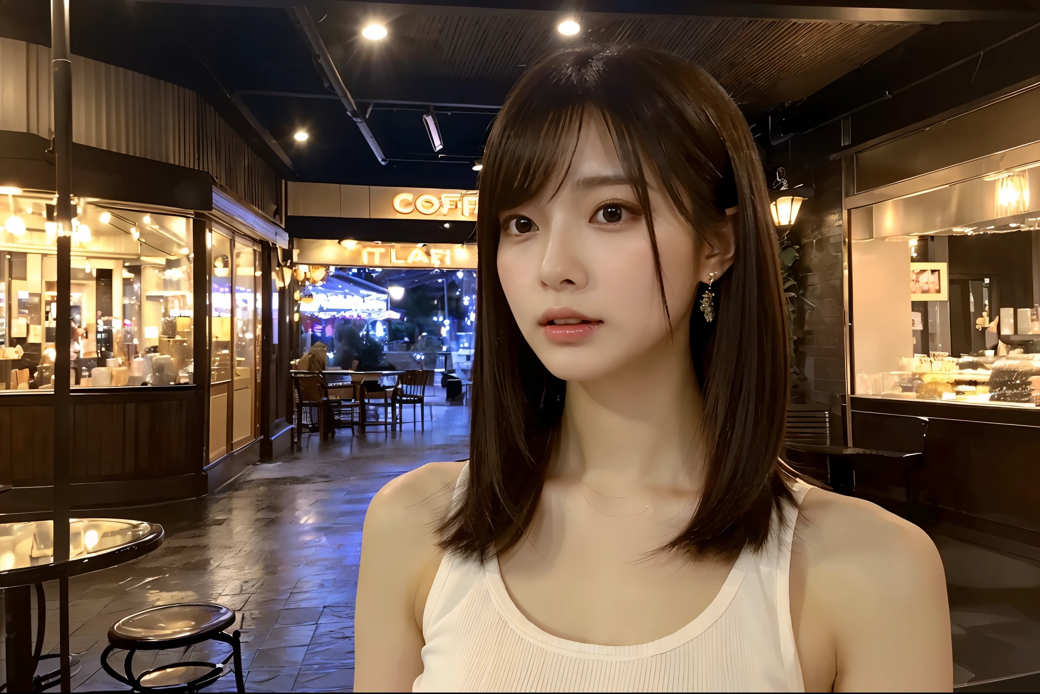 (The ultra -The high-definition:1.5)(ultra-detailliert:1.3) (ultra-quality) (An ultra-high picture quality:1.5) (rialistic photo:1.3) A Japanese Lady 21years old ((detailed and beautiful faces:1.3)) ((realistic skin textures:1.3)) ((Detailed and high quality eyes:1.3)) ((Detailed and high quality ears)) ((Beautiful, very fair and transparent skin:1.3)) ((Beautifully groomed straight short bob hair))Complete body beautiful proportion (Thin sleeveless shirt in fabric) long gathered skirt The background is the inside of a cafe at dusk. Beautiful, luxurious and stylish store ((Looking at the viewer erotically:1.3)) Wet lips ajar huge tit Beautiful high-definition image quality