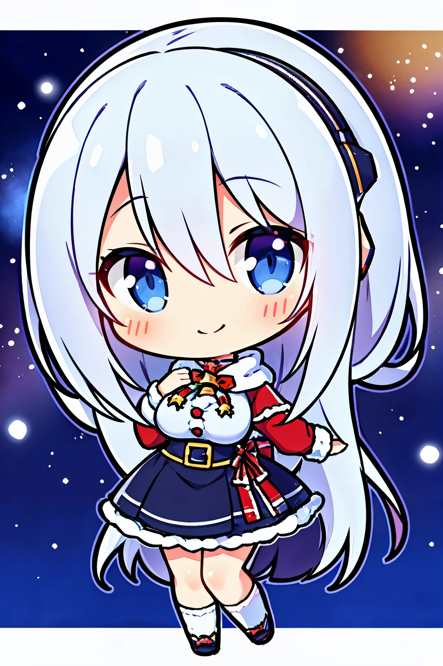 "anime girl, 1 person, silver white hair mixed with black, blue eyes, wearing headphones, Santa shirt, Santa outfit, Christmas outfit, winter outfit, red winter dress, big breasts,  long socks, standing cross-legged, smiling shyly, blushing, looking sideways, cold winter, snowing, suitable for Christmas gifts, Christmas,chibi,full body, solo(full HD Image 4K+)"