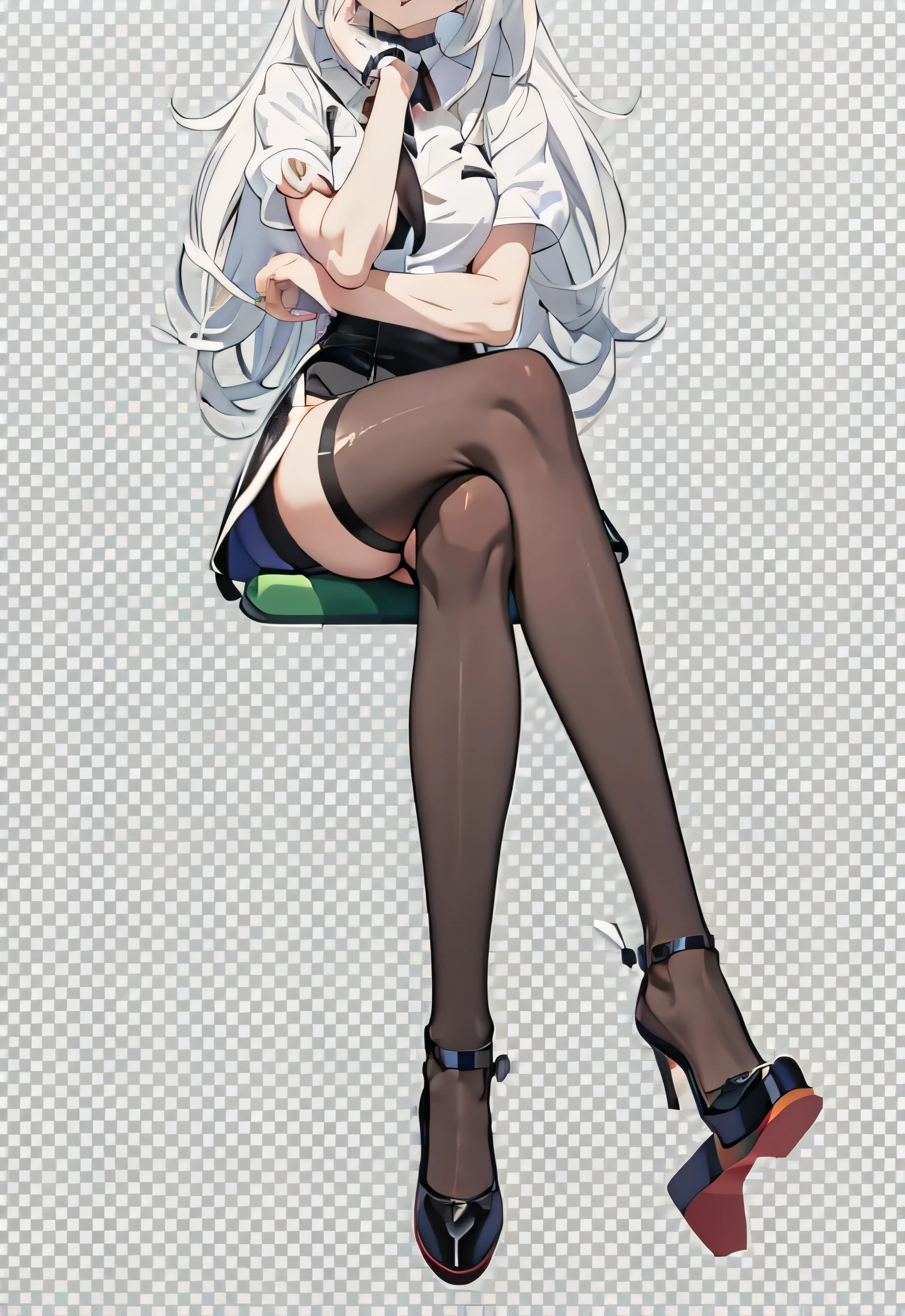 Anime girl sitting cross-legged on a chair, Anime girl squats, anime pose, flat anime style shading, clean and meticulous anime style, Vector shadow anime, Tifa Lockhart white hair, Anime Barbie wearing black stockings, Anime style 3D, 动画detail-rich, Cell shading animation, Anime full body illustration, Render art style, White hair,tmasterpiece,detail-rich,Hard