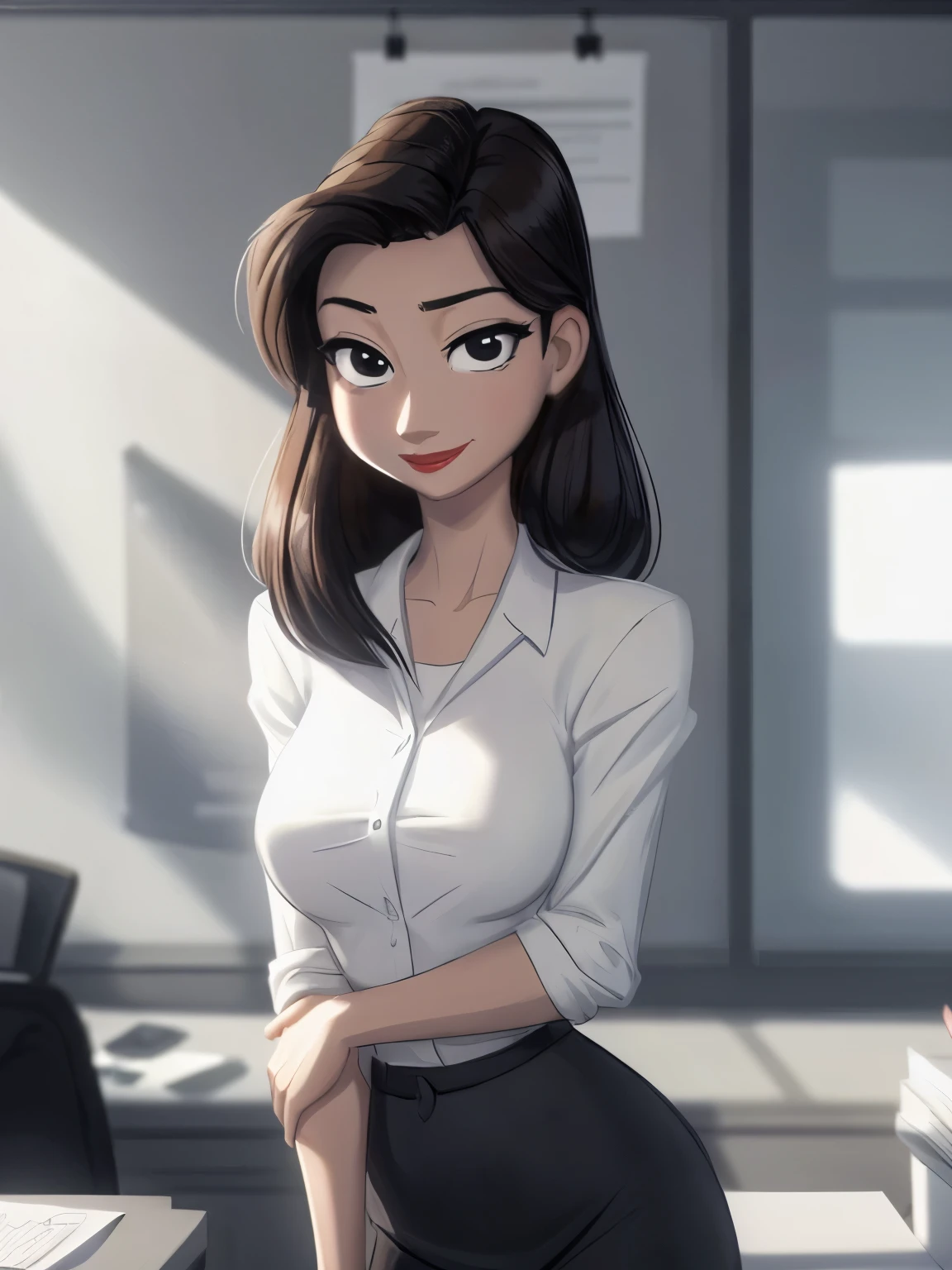 ((ultra quality)), ((tmasterpiece)), Meg, Paperman, ((Black, hairlong)), (Beautiful cute face), (beautiful female lips), Charming, ((sexy facial expression)), looking at the camera smiling softly, eyes slightly open, (Skin color: white), Body glare, ((detailed beautiful female eyes)), ((Black глаза глаза)), (juicy female lips), (red lipstick on the lips), (beautiful female hands), ((perfect female figure)), perfect female body, Beautiful waist, Gorgeous hips, Beautiful medium breasts, ((Subtle and beautiful)), stands seductively leaning on the table (close-up of the face), (Sexy Office Wear, white shirt with sexy neckline, sexy black skirt), background: office 50-60 years, ((Depth of field)), ((high quality clear image)), (crisp details), ((higly detailed)), Realistic, Professional Photo Session, ((Clear Focus)), the anime