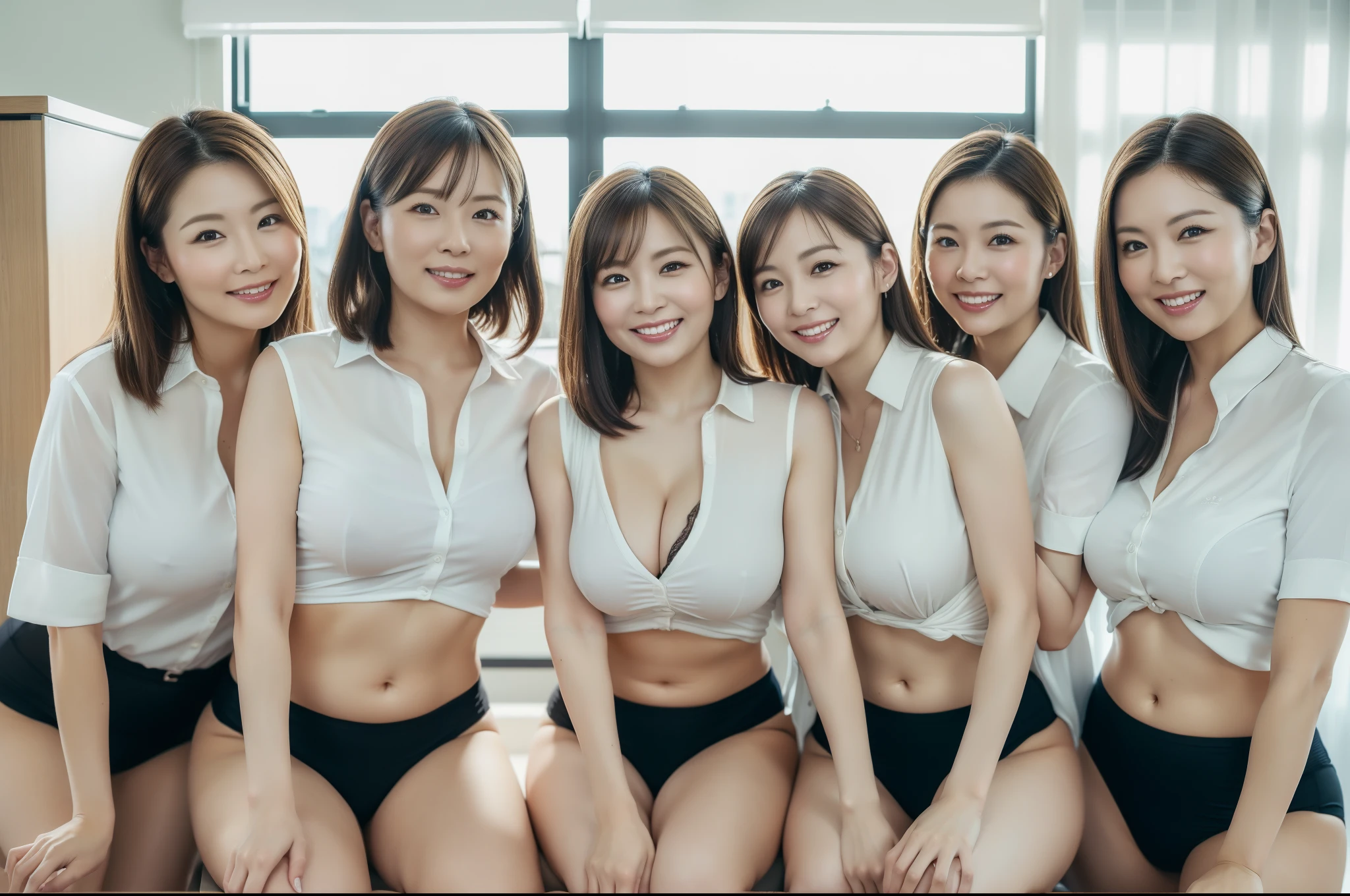 ((Best Quality, 8k, Masterpiecedetails, ultra-high resolution)), (group picture),(looking at the viewer), (full shot:), attractive business 5 milfs, 5 people, a bit chubby:0.15, seductive expression, underwear, (sitting on office desks)), smile, office of CEO,