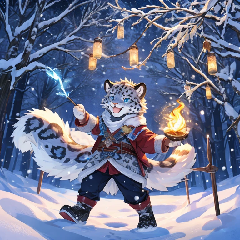 A snow leopard,In the snow,celebrating,energy,Magic,Less clothes
