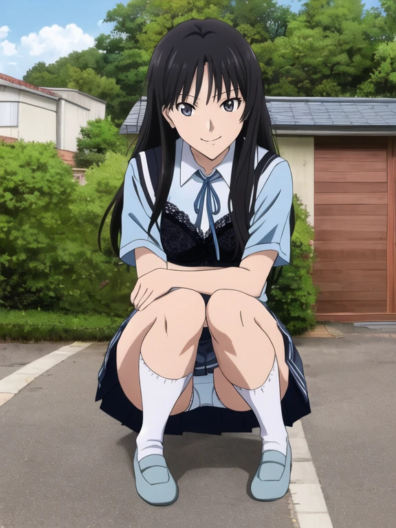 Best Quality, masutepiece, 超A high resolution, (Photorealistic: )2D official style cel anime sitting amagami laught girl with hi-school girl uniform rooftop white line mini skirt Crouching frontage Lift the shirt Light blue lace bra Show me your light blue lace underwear Longhaire Straight hair knee sox lowfers
