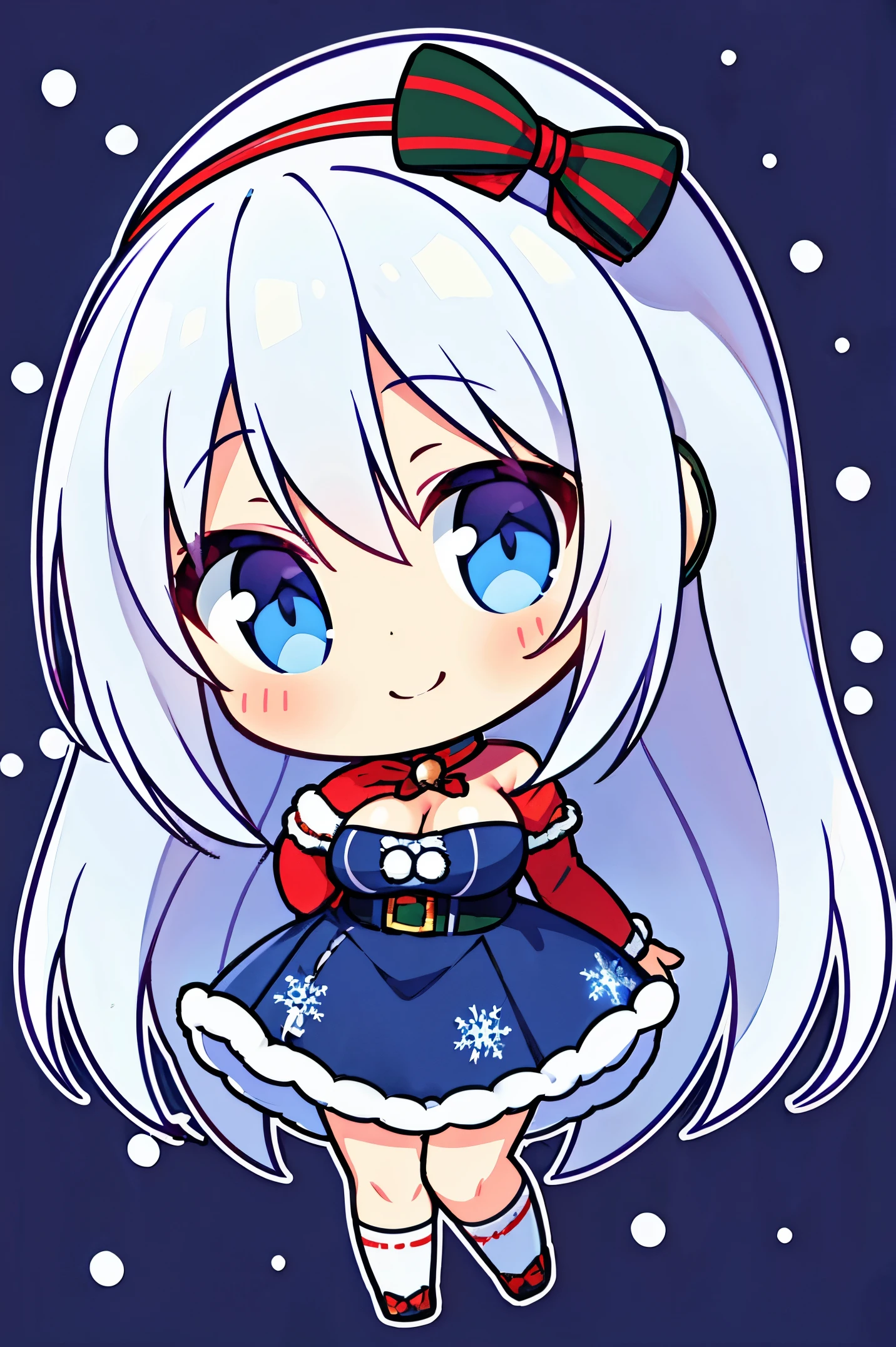"anime girl, 1 person, silver white hair mixed with black, blue eyes, wearing headphones, Santa shirt, Santa outfit, Christmas outfit, winter outfit, red winter dress, big breasts,  long socks, standing cross-legged, smiling shyly, blushing, looking sideways, cold winter, snowing, suitable for Christmas gifts, Christmas,chibi,full body, solo(full HD Image 4K+)"