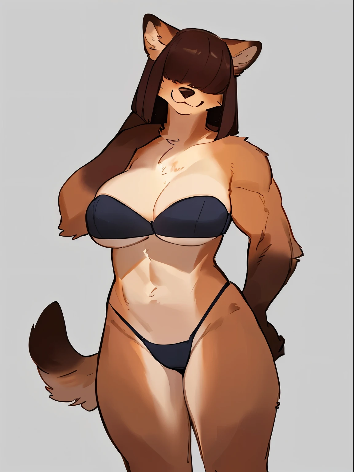 By bebebebebe, by lostgoose, by goonie-san, female, ((canine, snout, hair covering eyes, straight hair, medium hair, flat hair, ears, thin snout)), brown fur, big poofy tail, raised tail, dark maroon hair, (muscular, big breasts), solo, smiling, standing, happy, thong, (strapless bra)