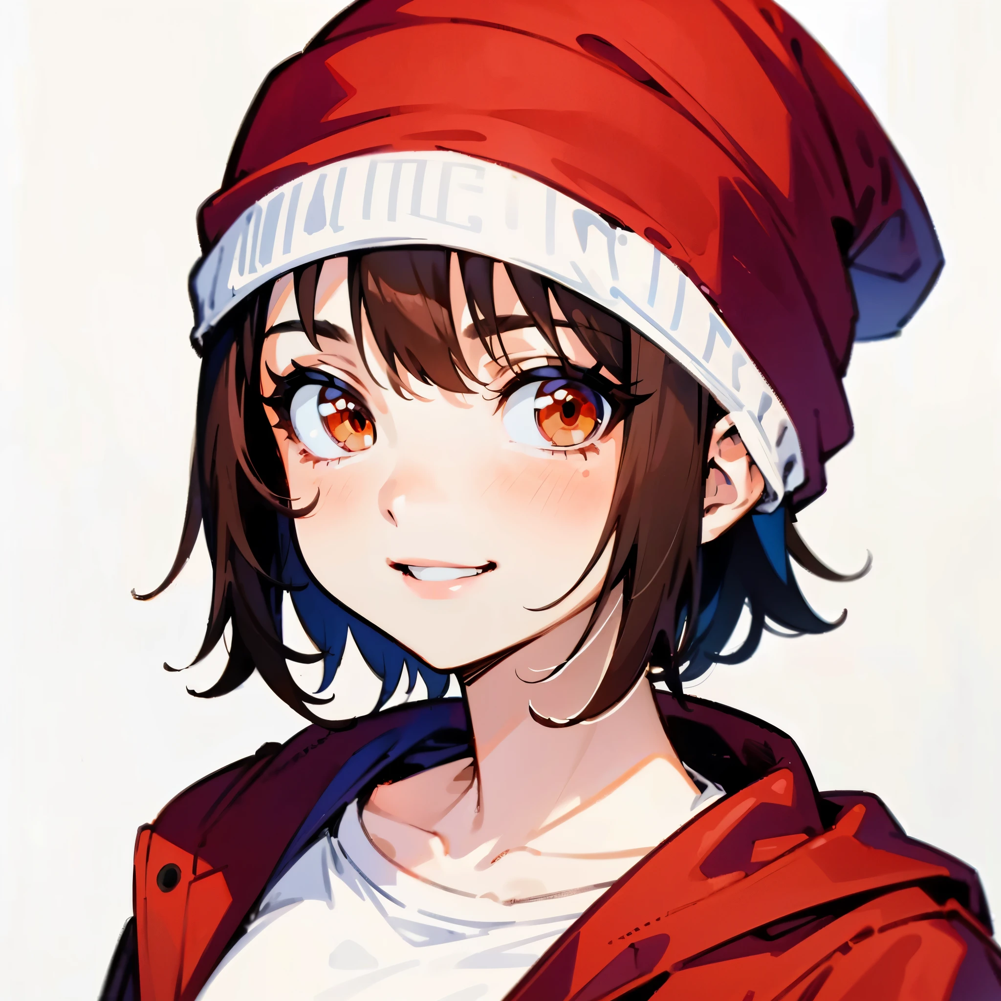 1girl, short messy brown hair, brown eyes, medium breast, white T-shirt, red jacket, red beanie, smile, solo, best quality, masterpiece, portrait, simple background, looking at the camera, from the front, detailed, perfect ???????, detailed art, high definition, 4k, high resolution