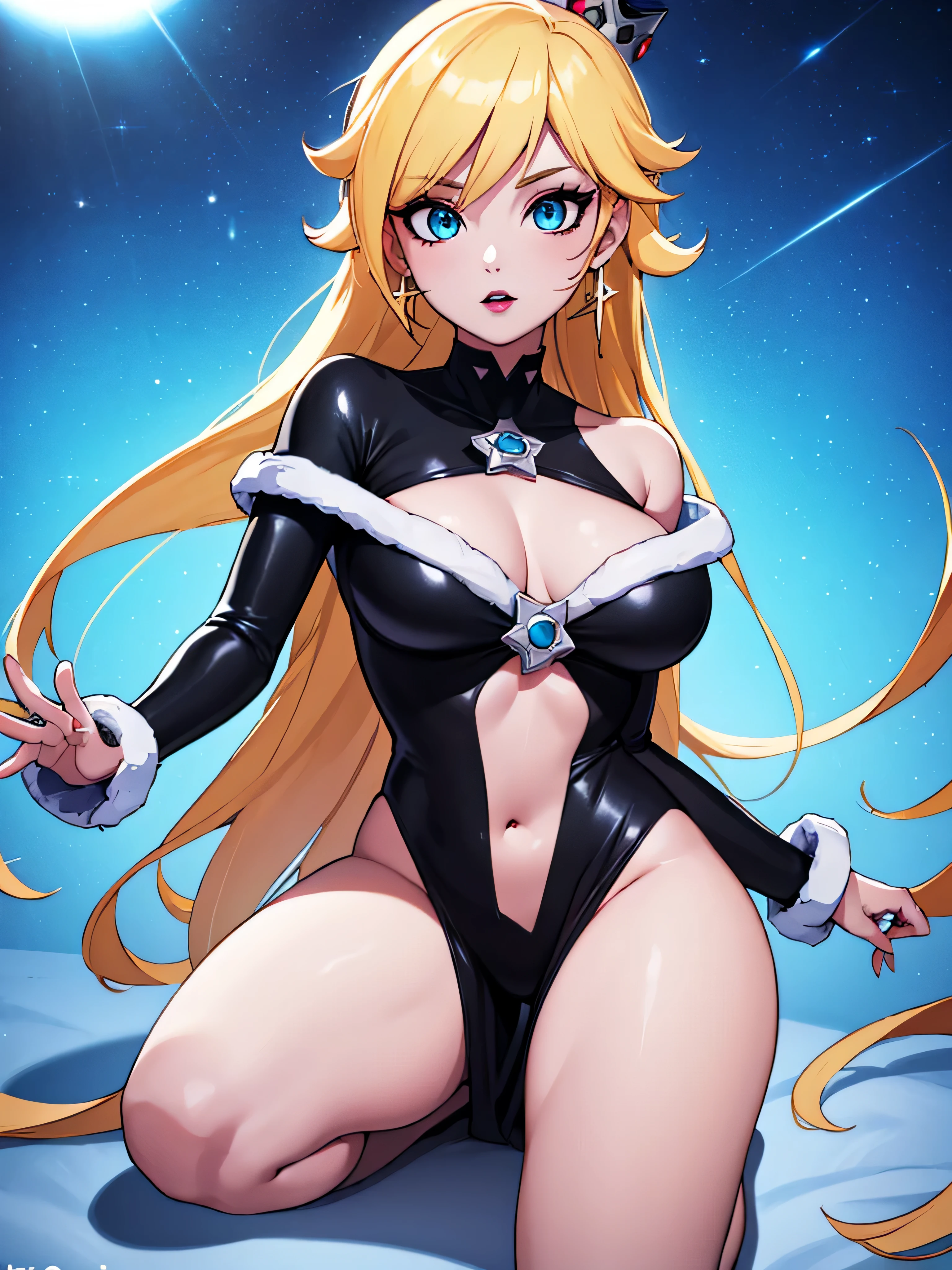 ((high detailed, best quality, 4k, masterpiece, hd:1.3)), ((best quality)), (((HD))), (((8k))), (ultraDH), (ultra HD), Snowy_Forest_background, snowflake_pattern, Rosalina, blue_eyes, BREAK blue_eyes, seductive, attractive, smooth anime cg art, 36C breasts, long_legs, vivid colors, detailed digital art, slim_body, perfect skin, yellow hair, blond hair, BREAK crown, cleavage, 36C cleavage, looking at viewer, BREAK looking at viewer, extremely detailed_face, blue_santa_suit, blue_santa_claus_suit, santa claus suit, earrings, gem, dark black makeup lips, dark gothic eyeshadows, dark eyeshadows, black eyeshadows, black sexy lips, black lips, (dark:1.2), dark lips, very dark lips, (perfect hands, perfect anatomy), black makeup, black medium lips, detailed_fingers, five_fingers_per_hand, 5 fingers, (1 girl), detailed lips, detailed black lips, black painted lips, gothic painted lips, BREAK night, night sky, (off shoulder:1.1), (breasts out:1.3),