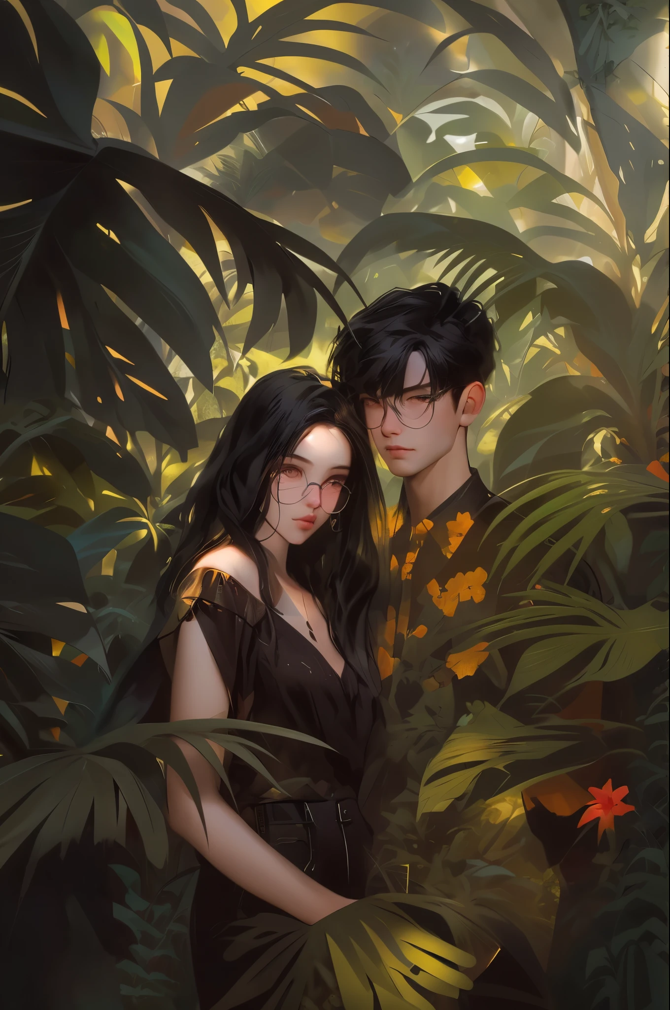 there are two people standing in a jungle with plants, artwork in the style of guweiz, inspired by Yanjun Cheng, in a tropical forest, by Yang J, in the art style of bowater, 🌺 cgsociety, loish and ross tran, in a jungle, by Ni Tian, by Ryan Yee, loish and wlop