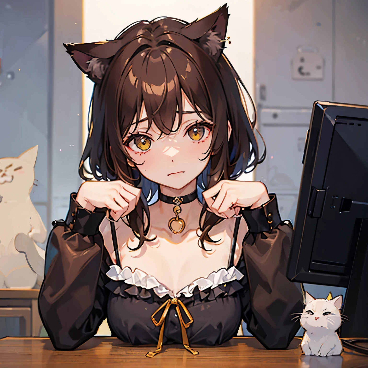 1 persons、girl with、Brown hair long、a choker、Eyes are yellow、Cat's ears、Unclear、kawaii、desk work、talk