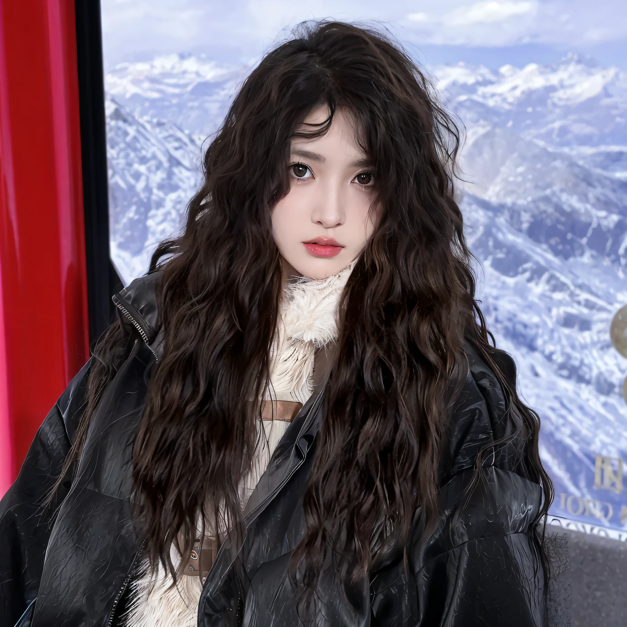 French-German woman with long black hair sitting on a chair, 深色with long coiled hair, first wave, with long coiled hair, with black curled hair, Loose curls, sha xi, Urzans, Bae Xiuzhi, long with black curled hair, cai xukun, 她的黑发是with long coiled hair, Long gray hair, with black curled hair，Darkening of hair