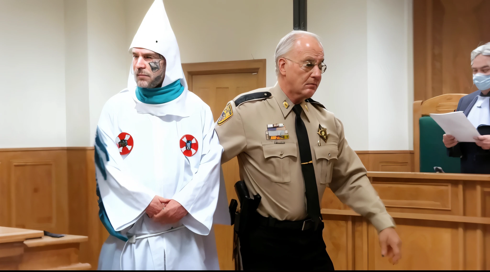 old police officer escorted the man with tattoo on his face wears Ku Klux Klan  costume dressed in costumes standing in a courtroom, wearing white robes, evil baptism, white robes, satanic, with prison clothing, holy inquisition, court session images, white male wearing KKK costume with tattoo on his face, in a courtroom, two, closeup shot, ethan klein, realistic image, 16k resolution, very detailed, background courtroom,