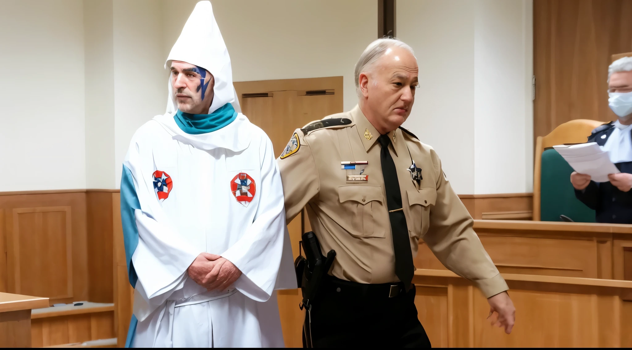 old police officer escorted the man with tattoo on his face wears Ku Klux Klan costume dressed in costumes standing in a courtroom, wearing white robes, evil baptism, white robes, satanic, with prison clothing, holy inquisition, court session images, white male wearing KKK costume with tattoo on his face, in a courtroom, two, closeup shot, ethan klein, realistic image, 16k resolution, very detailed, background courtroom,