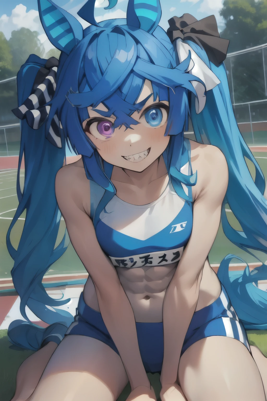 twin turbo\(umamusume\), (ultra-detailed face), cute face, masterpiece, best quality, muscle, abs, rikujou, horse tail, smile, athletics track, hand between legs