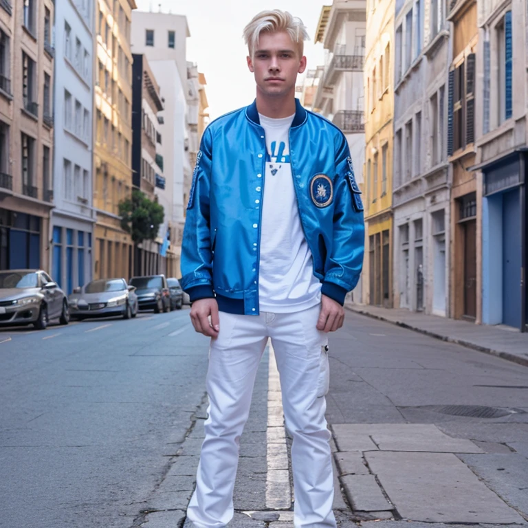 best quality, 4k, Man standing in the middle of the street, athletic body, wearing militar clothing, blue glowing eyes, blonde hair