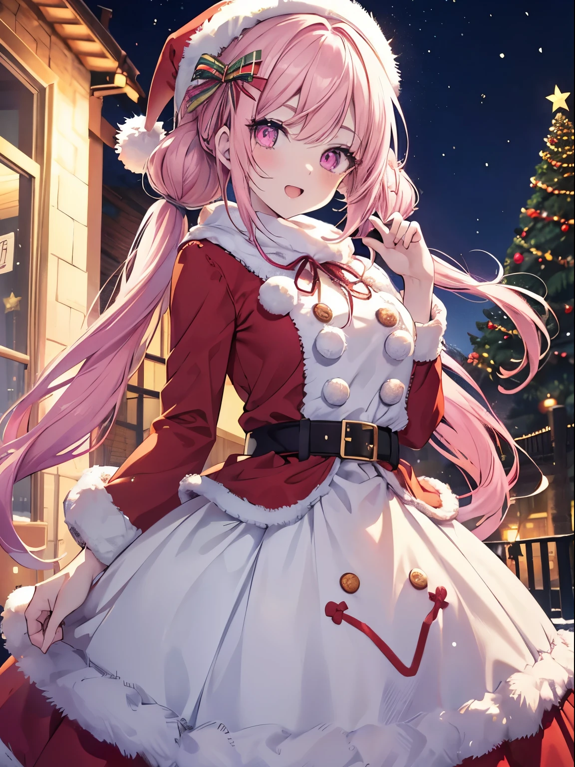 masutepiece, Highest Quality, (Perfect face:1.1), (high detailing:1.1), (ultradetailed eyes), Dramatic, superfine illustration, Extremely detailed,1girl in, (pale skin), Happy, Laugh, Enjoy, Cheerful,Open mouth,gloweyes,pinkhair, (long twintail),Ethereal eyes, pink eye,(light eyebrow),blush, Solo,Pouty lips,Cinematic lighting,Cowboy Shot, Looking at Viewer, Christmas, Santa Claus costume,Christmas tree, Christmas present, snowman,winter,snow