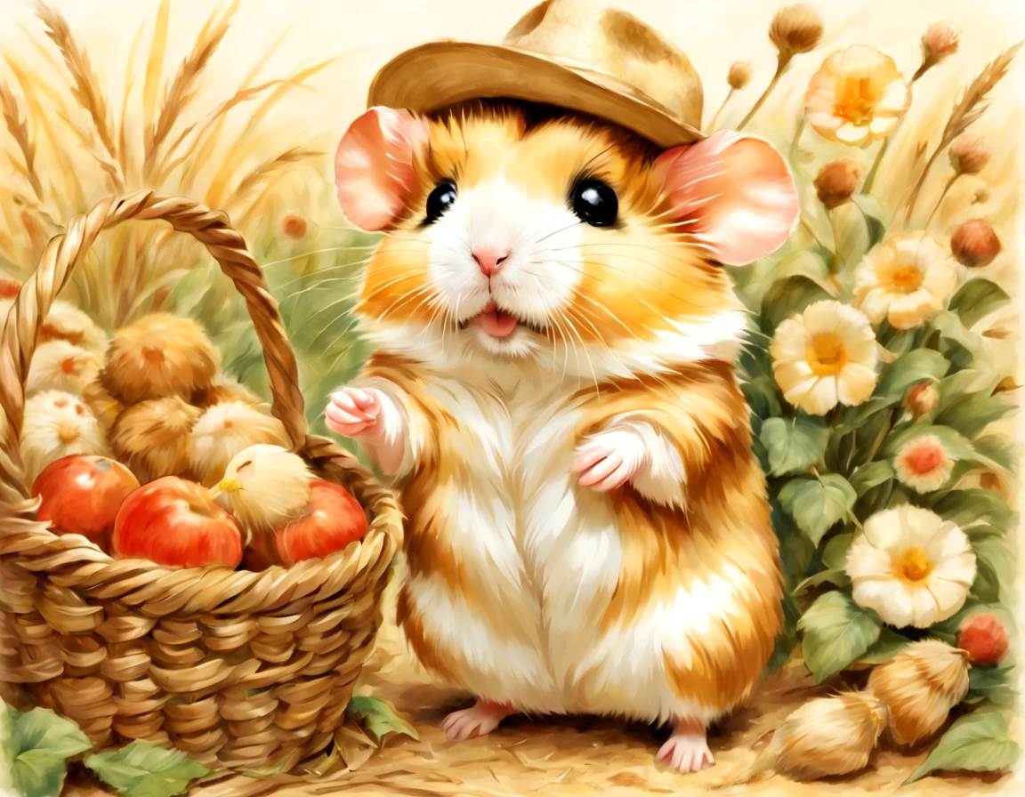 (働くhamstermer),農作業をするhamster,Background of the field,Farm Management Gadget,a straw fedora hat,Growing vegetables,crops are piled up,agriculture,fieldwork,​masterpiece,top-quality,,Chibi,cute little,,A delightful,tre anatomically correct,The cutest hamster,,hamster,,Fantasia,randolph caldecott style,illustratio,watercolor paiting